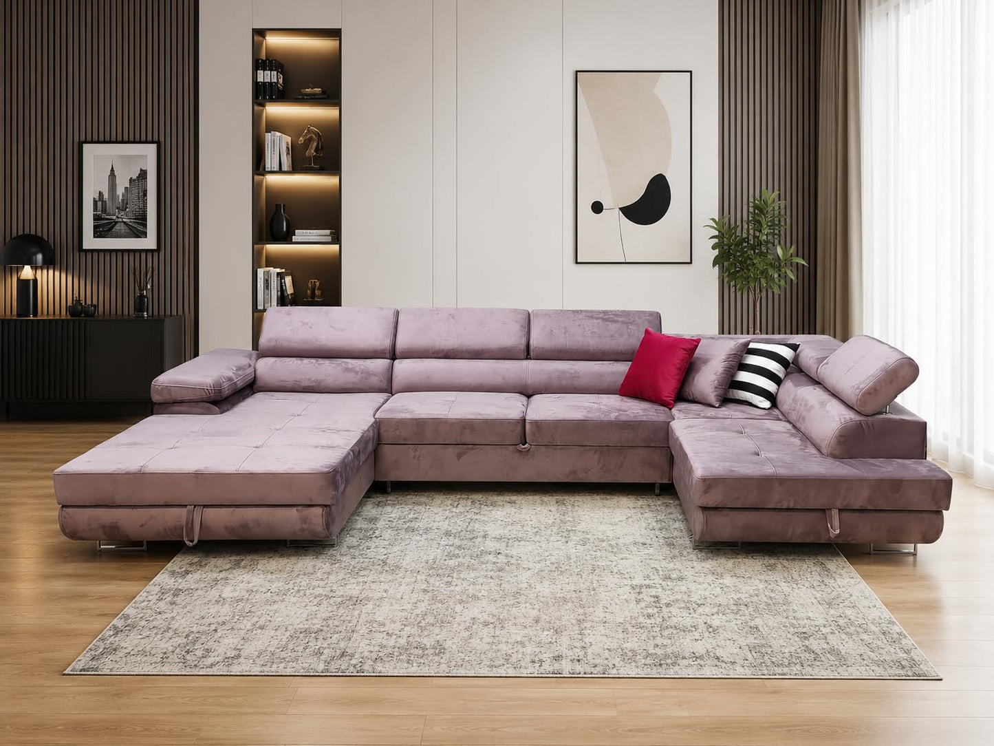 U-Form Sofa Rodos 345x202x90 cm, Schlaffunktion, Beige, Rechts | U-Form Sofa, Modern Couch mit mit Bettkasten, Weiches Ecksof fürs Wohnzimmer, Schlafsofa, Eleganter Monolith-Stoff