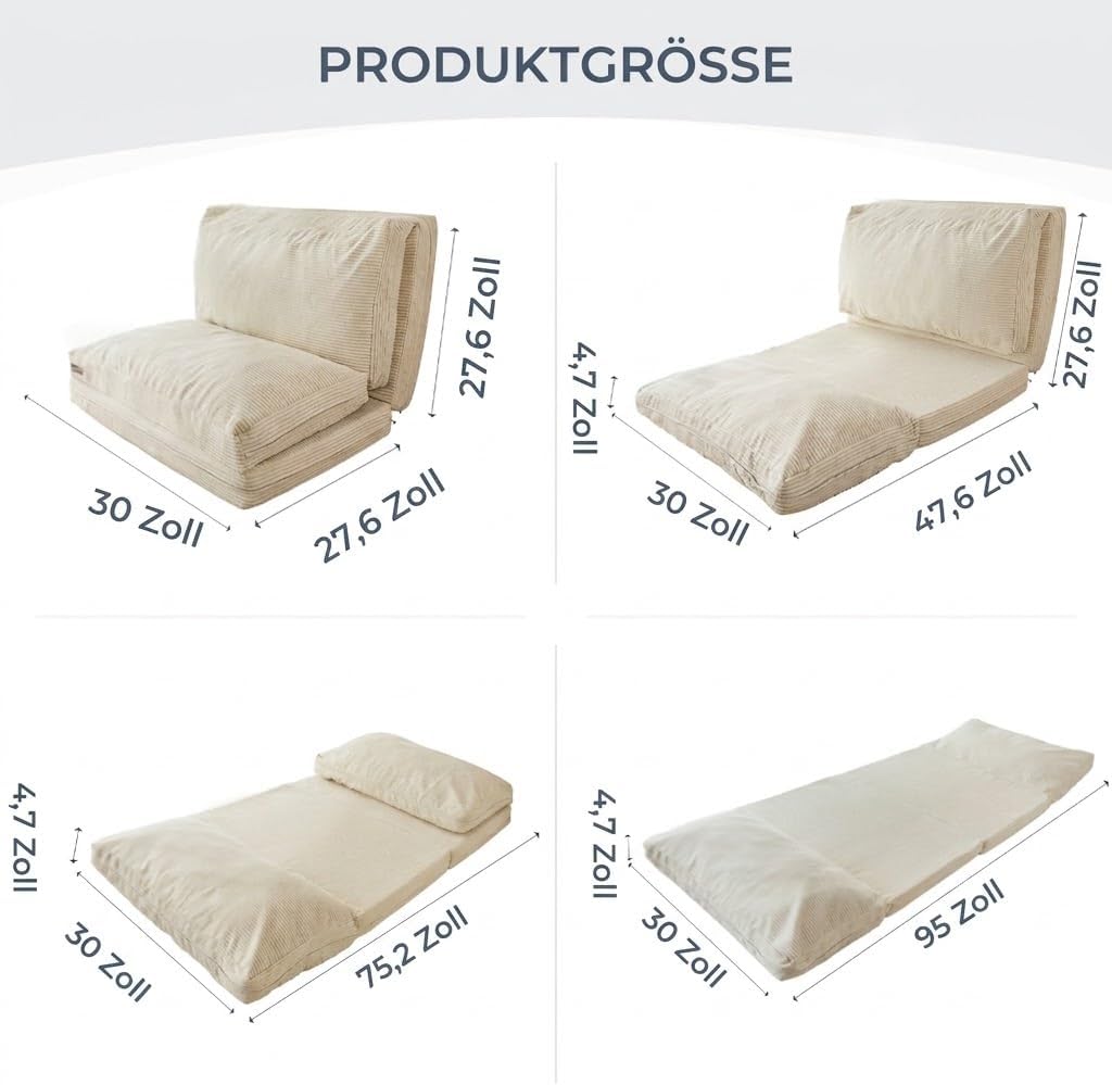 MAXYOYO Sitzsack-Bett, faltbar, Cordsamt, Schlafsofa, Bodenmatratze für Erwachsene, extra dick, 4-Fach gefaltet, Bodencouch für Schlafzimmer, Wohnzimmer, Beige, 75 x 240 cm
