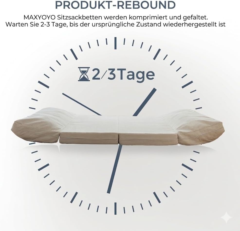 MAXYOYO Sitzsack-Bett, faltbar, Cordsamt, Schlafsofa, Bodenmatratze für Erwachsene, extra dick, 4-Fach gefaltet, Bodencouch für Schlafzimmer, Wohnzimmer, Beige, 75 x 240 cm