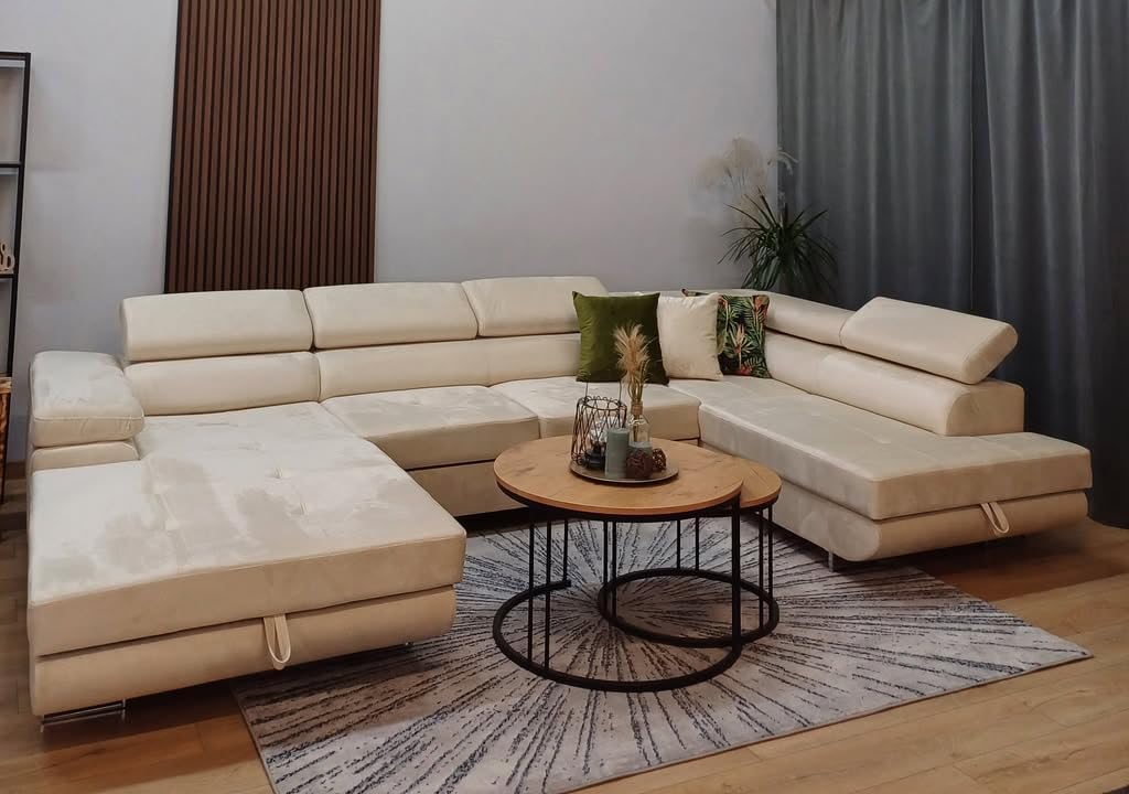 U-Form Sofa Rodos 345x202x90 cm, Schlaffunktion, Beige, Rechts | U-Form Sofa, Modern Couch mit mit Bettkasten, Weiches Ecksof fürs Wohnzimmer, Schlafsofa, Eleganter Monolith-Stoff