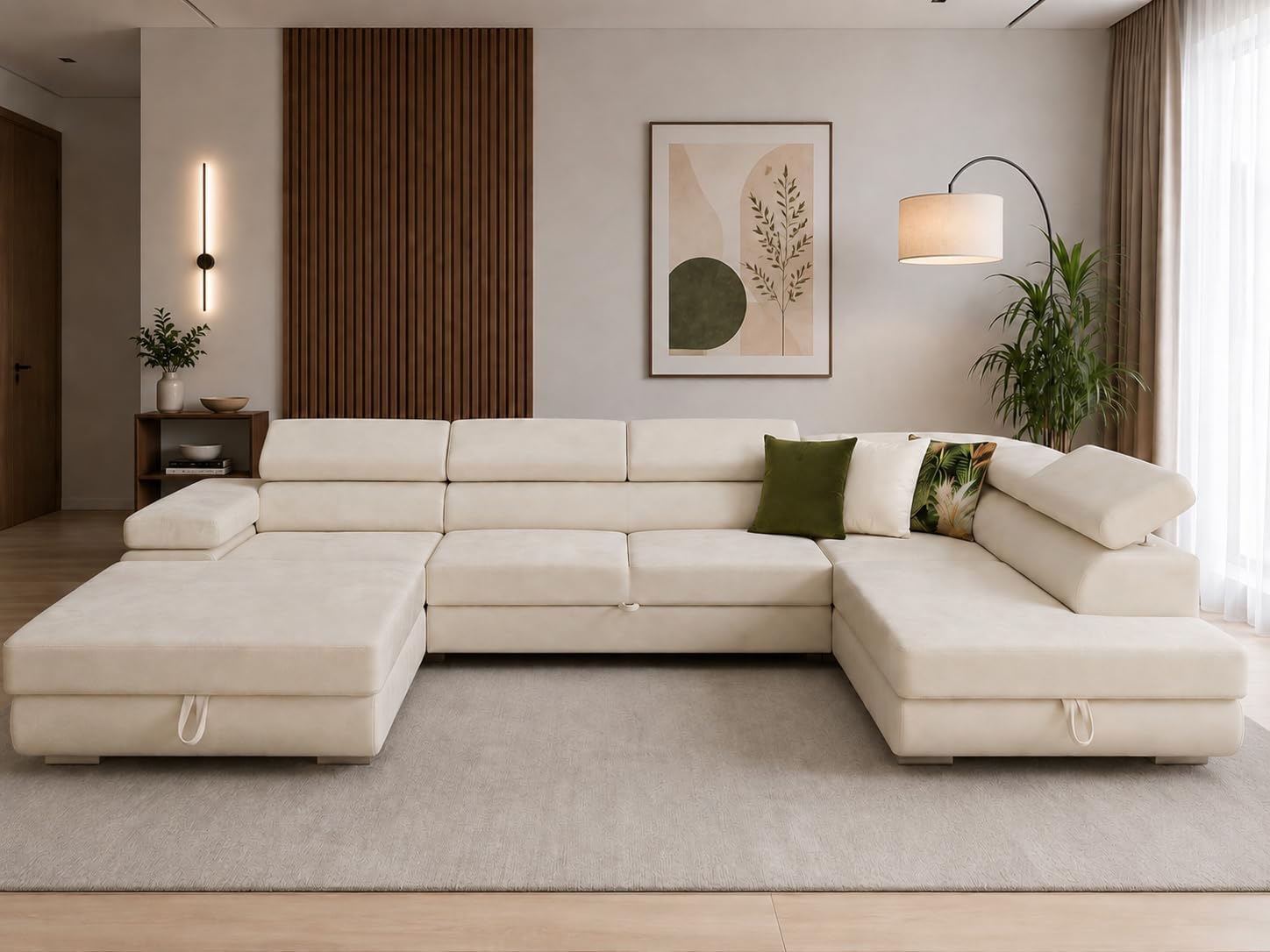 U-Form Sofa Rodos 345x202x90 cm, Schlaffunktion, Beige, Rechts | U-Form Sofa, Modern Couch mit mit Bettkasten, Weiches Ecksof fürs Wohnzimmer, Schlafsofa, Eleganter Monolith-Stoff