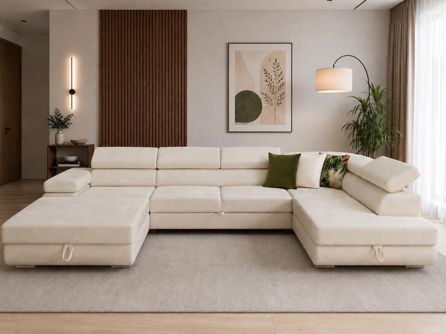 U-Form Sofa Rodos 345x202x90 cm, Schlaffunktion, Beige, Rechts | U-Form Sofa, Modern Couch mit mit Bettkasten, Weiches Ecksof fürs Wohnzimmer, Schlafsofa, Eleganter Monolith-Stoff