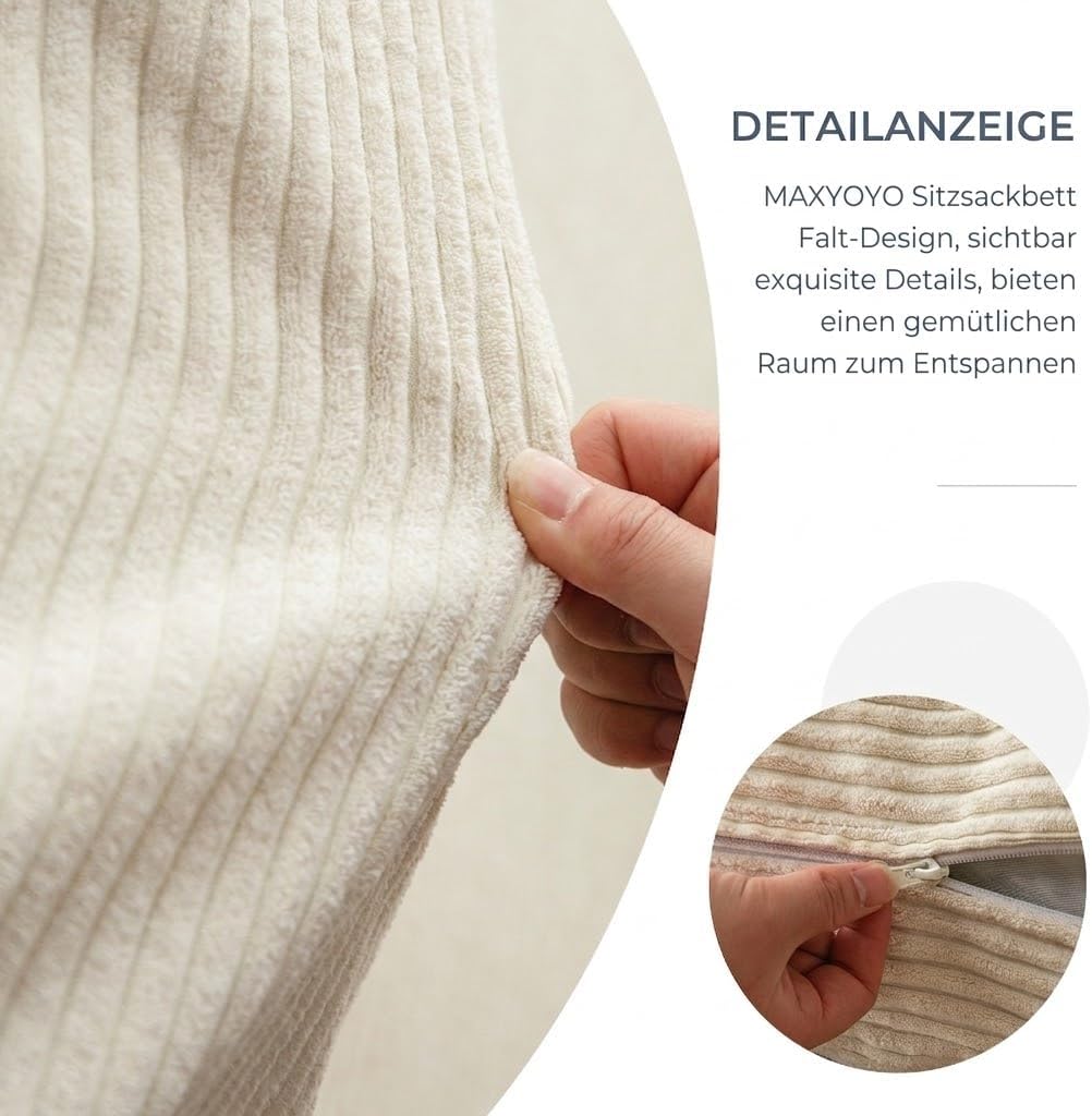 MAXYOYO Sitzsack-Bett, faltbar, Cordsamt, Schlafsofa, Bodenmatratze für Erwachsene, extra dick, 4-Fach gefaltet, Bodencouch für Schlafzimmer, Wohnzimmer, Beige, 75 x 240 cm