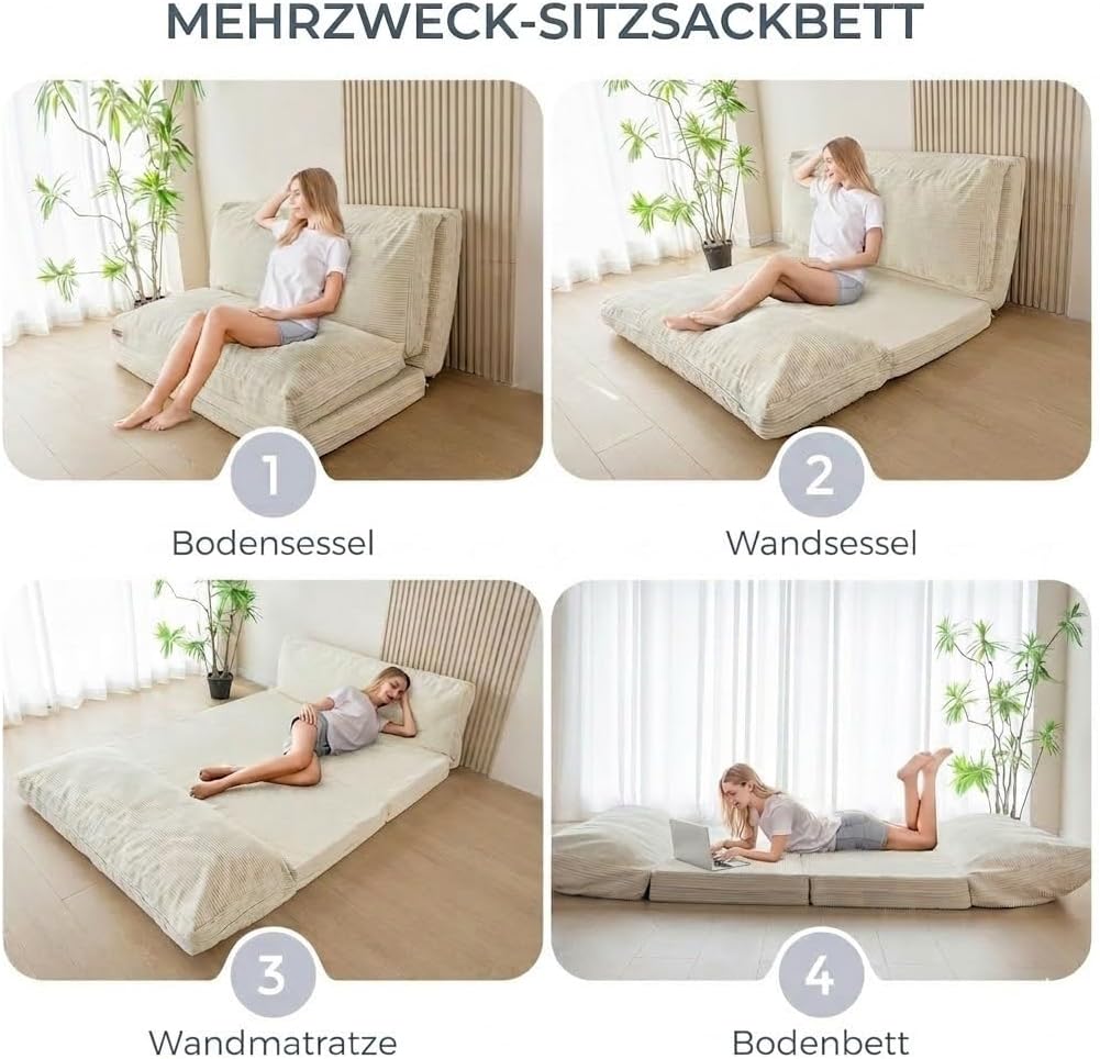 MAXYOYO Sitzsack-Bett, faltbar, Cordsamt, Schlafsofa, Bodenmatratze für Erwachsene, extra dick, 4-Fach gefaltet, Bodencouch für Schlafzimmer, Wohnzimmer, Beige, 75 x 240 cm