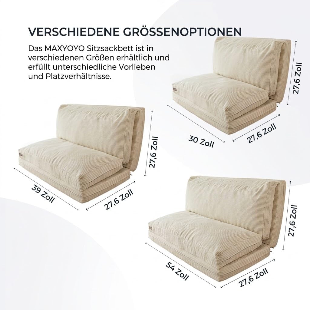 MAXYOYO Sitzsack-Bett, faltbar, Cordsamt, Schlafsofa, Bodenmatratze für Erwachsene, extra dick, 4-Fach gefaltet, Bodencouch für Schlafzimmer, Wohnzimmer, Beige, 75 x 240 cm