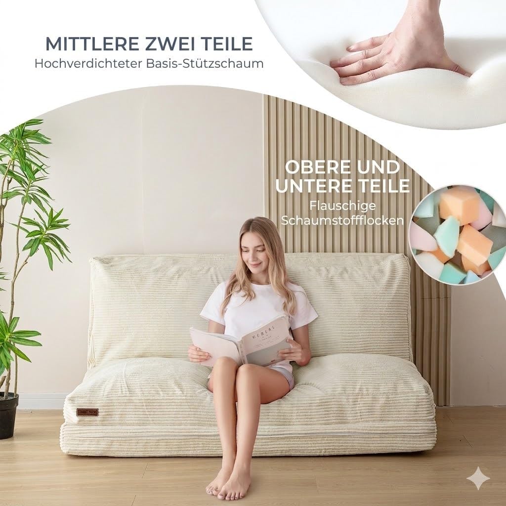 MAXYOYO Sitzsack-Bett, faltbar, Cordsamt, Schlafsofa, Bodenmatratze für Erwachsene, extra dick, 4-Fach gefaltet, Bodencouch für Schlafzimmer, Wohnzimmer, Beige, 75 x 240 cm