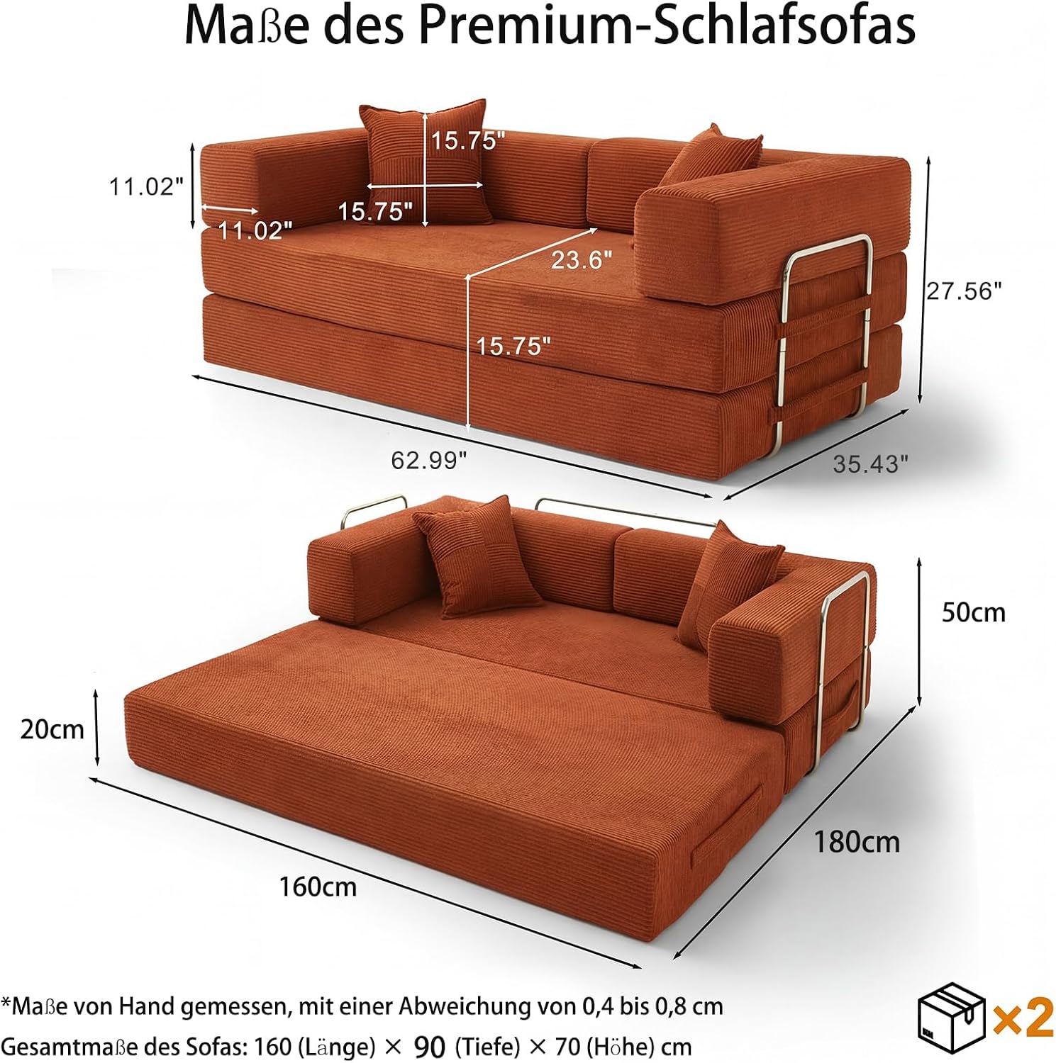 Vipbear rahmenloses Sofa, 160 cm, mit Schaumstoff und Federn, für Schlafzimmer, Orange | Cord, 5-in-1 vielseitig, faltbar