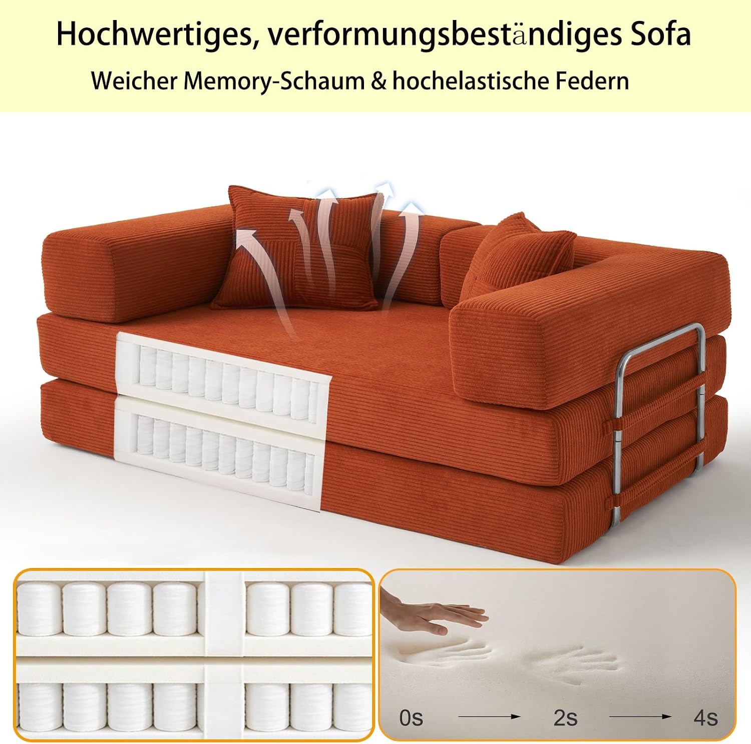 Vipbear rahmenloses Sofa, 160 cm, mit Schaumstoff und Federn, für Schlafzimmer, Orange | Cord, 5-in-1 vielseitig, faltbar