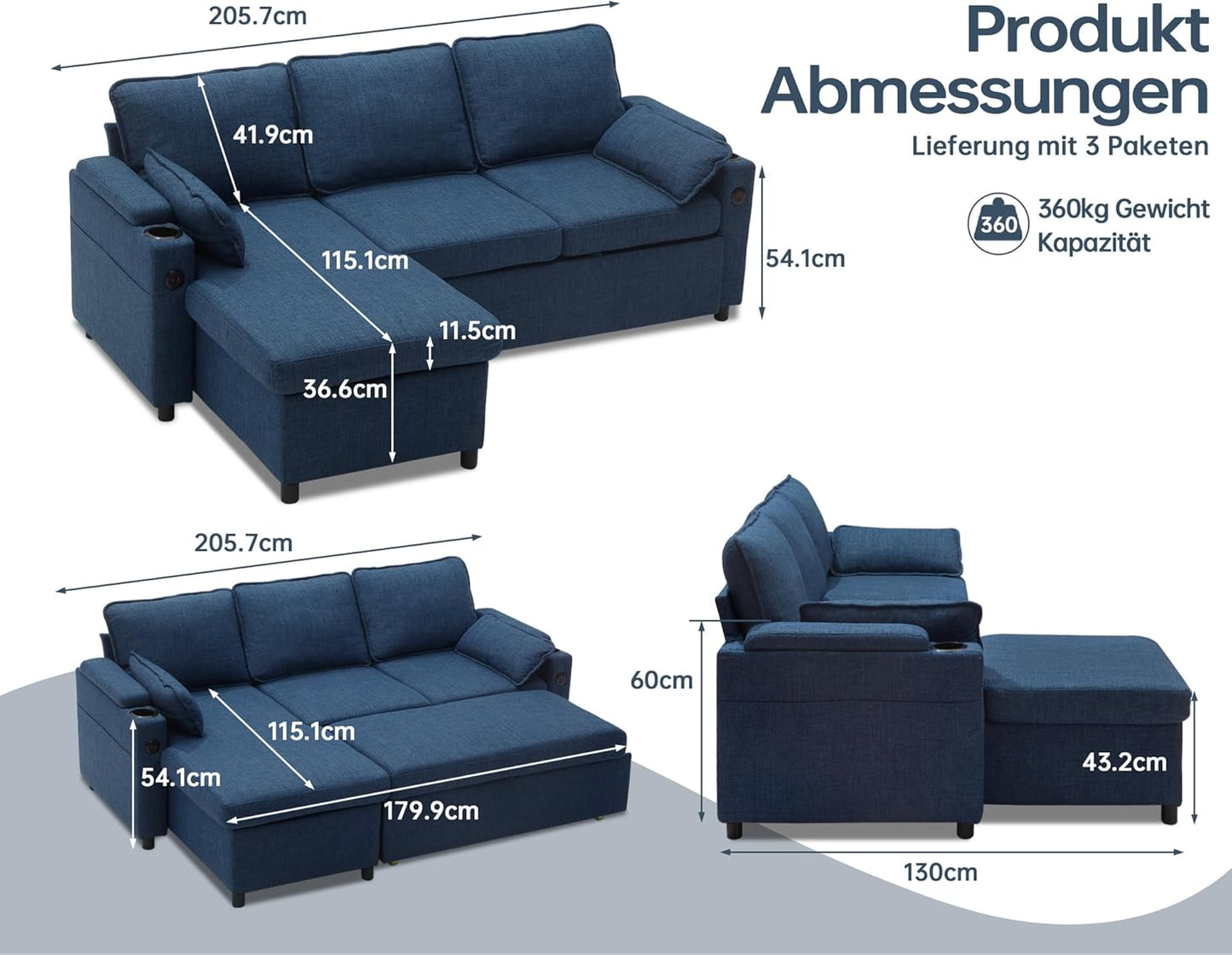 DURASPACE Schlafsofa Ausziehbarer 2 in 1 Sektional Schlafsofa Couches | Mit Lagerung, USB, Cup Holder, Pullout Sektional Couches für Wohnung Wohnzimmer (Blau)