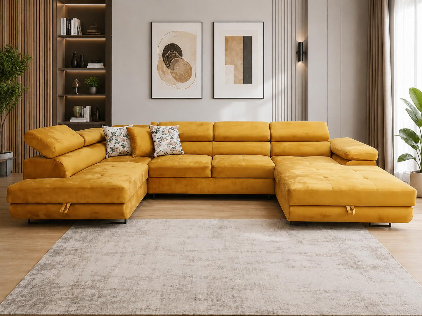 U-Form Sofa Rodos 345x202x90 cm, Schlaffunktion, Beige, Rechts | U-Form Sofa, Modern Couch mit mit Bettkasten, Weiches Ecksof fürs Wohnzimmer, Schlafsofa, Eleganter Monolith-Stoff