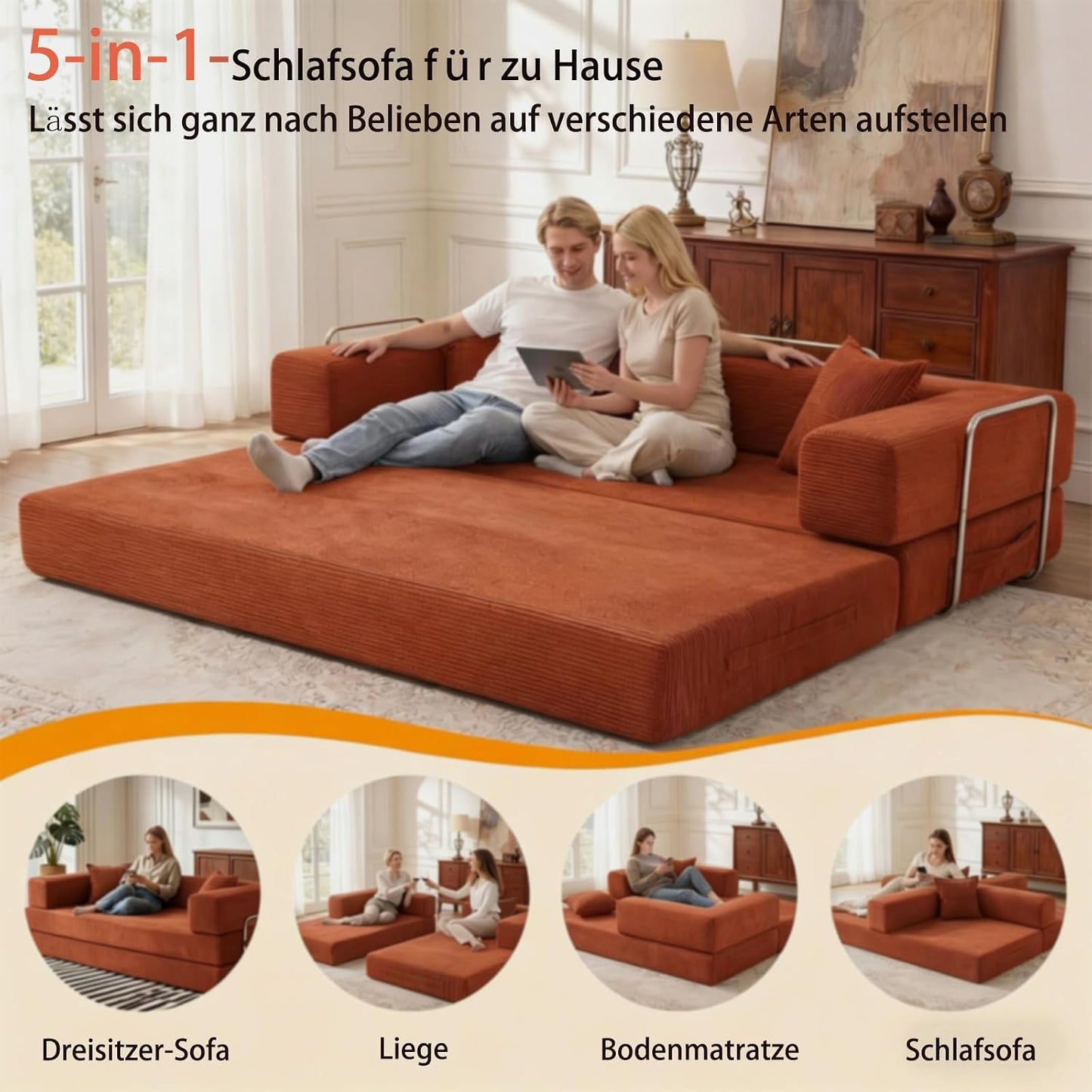 Vipbear rahmenloses Sofa, 160 cm, mit Schaumstoff und Federn, für Schlafzimmer, Orange | Cord, 5-in-1 vielseitig, faltbar