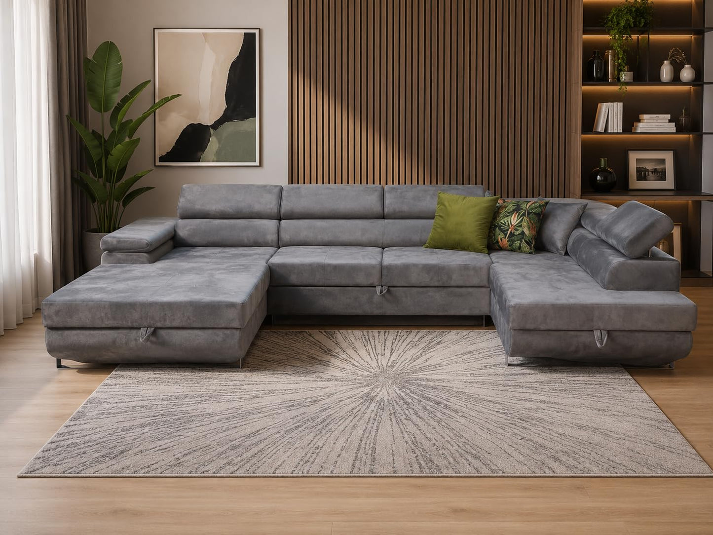 U-Form Sofa Rodos 345x202x90 cm, Schlaffunktion, Beige, Rechts | U-Form Sofa, Modern Couch mit mit Bettkasten, Weiches Ecksof fürs Wohnzimmer, Schlafsofa, Eleganter Monolith-Stoff
