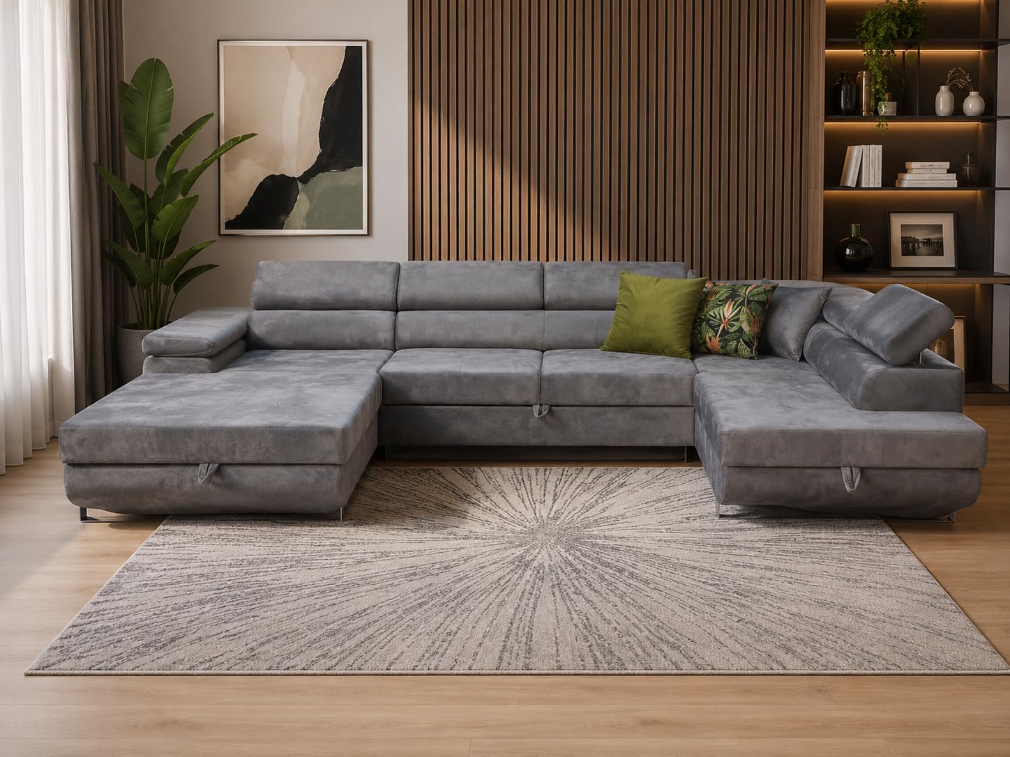 U-Form Sofa Rodos 345x202x90 cm, Schlaffunktion, Beige, Rechts | U-Form Sofa, Modern Couch mit mit Bettkasten, Weiches Ecksof fürs Wohnzimmer, Schlafsofa, Eleganter Monolith-Stoff