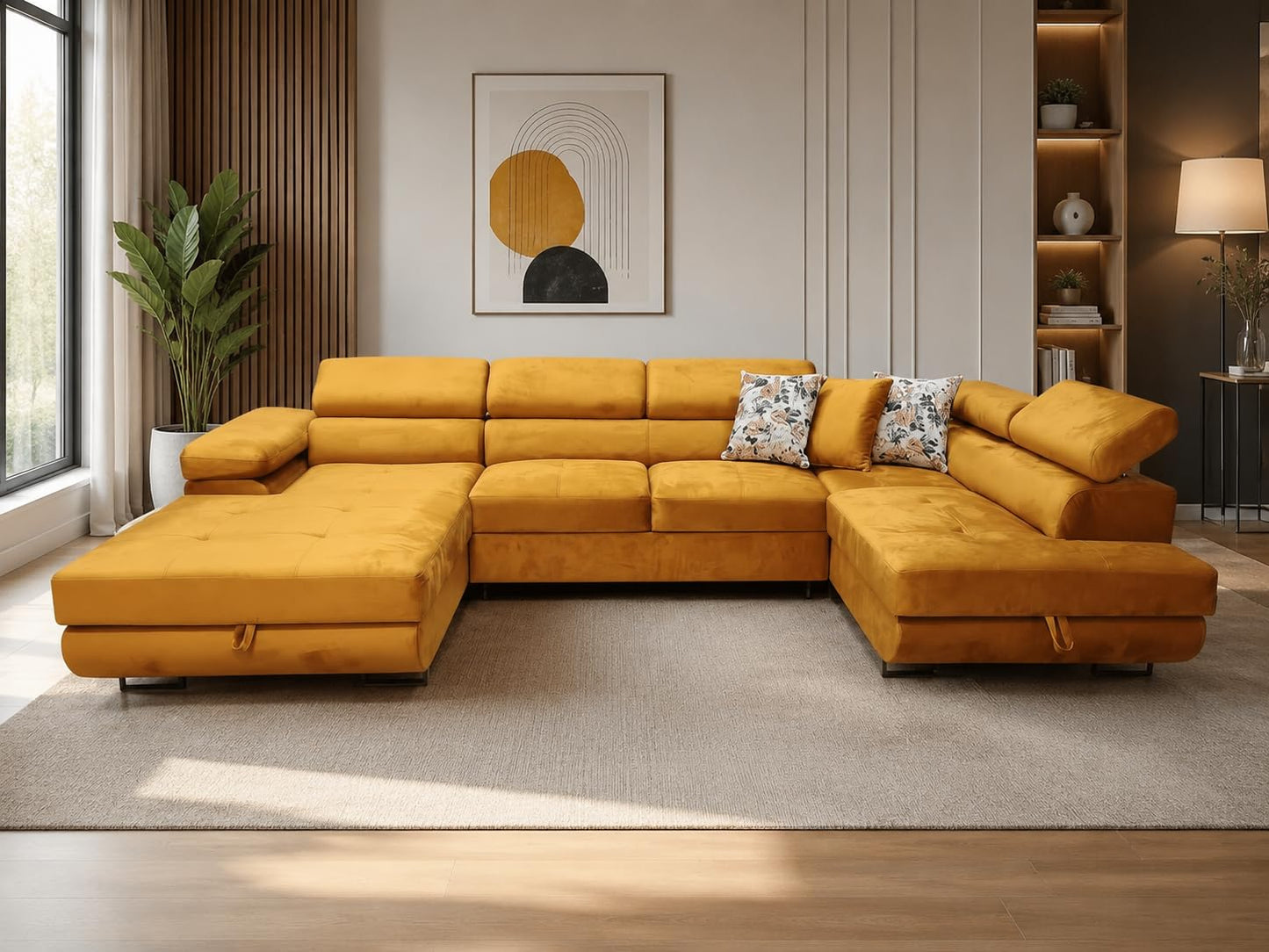 U-Form Sofa Rodos 345x202x90 cm, Schlaffunktion, Beige, Rechts | U-Form Sofa, Modern Couch mit mit Bettkasten, Weiches Ecksof fürs Wohnzimmer, Schlafsofa, Eleganter Monolith-Stoff