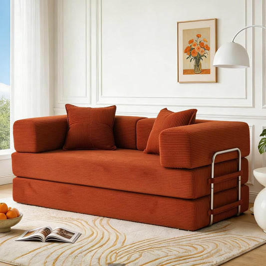 Vipbear rahmenloses Sofa, 160 cm, mit Schaumstoff und Federn, für Schlafzimmer, Orange | Cord, 5-in-1 vielseitig, faltbar