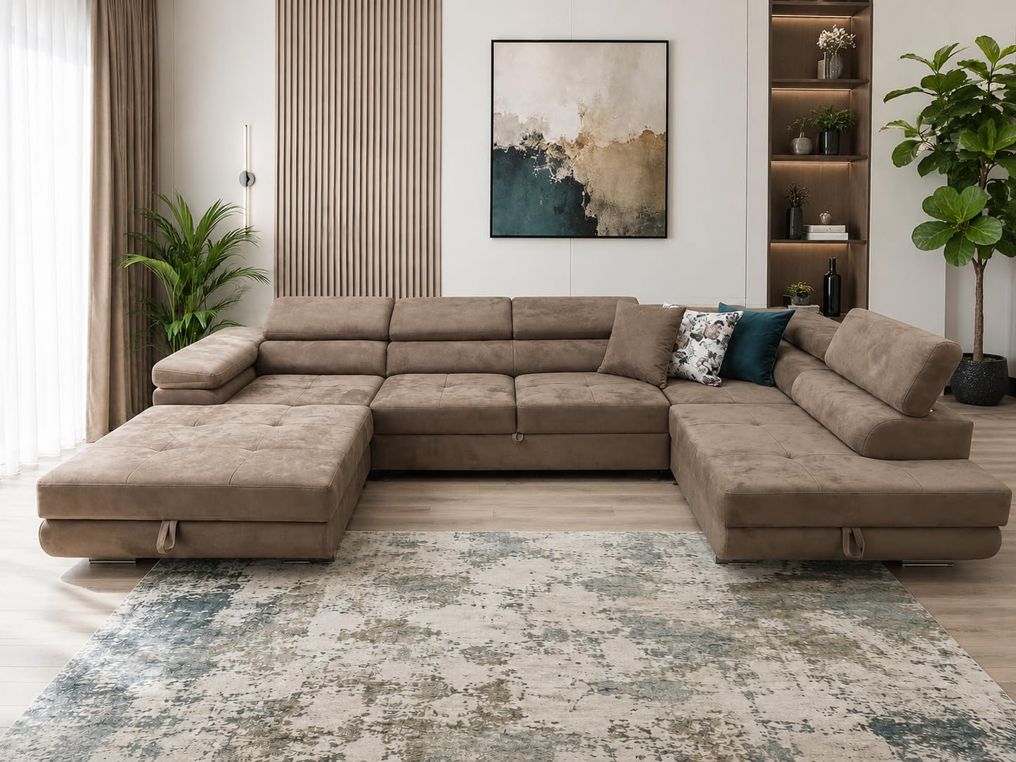 U-Form Sofa Rodos 345x202x90 cm, Schlaffunktion, Beige, Rechts | U-Form Sofa, Modern Couch mit mit Bettkasten, Weiches Ecksof fürs Wohnzimmer, Schlafsofa, Eleganter Monolith-Stoff