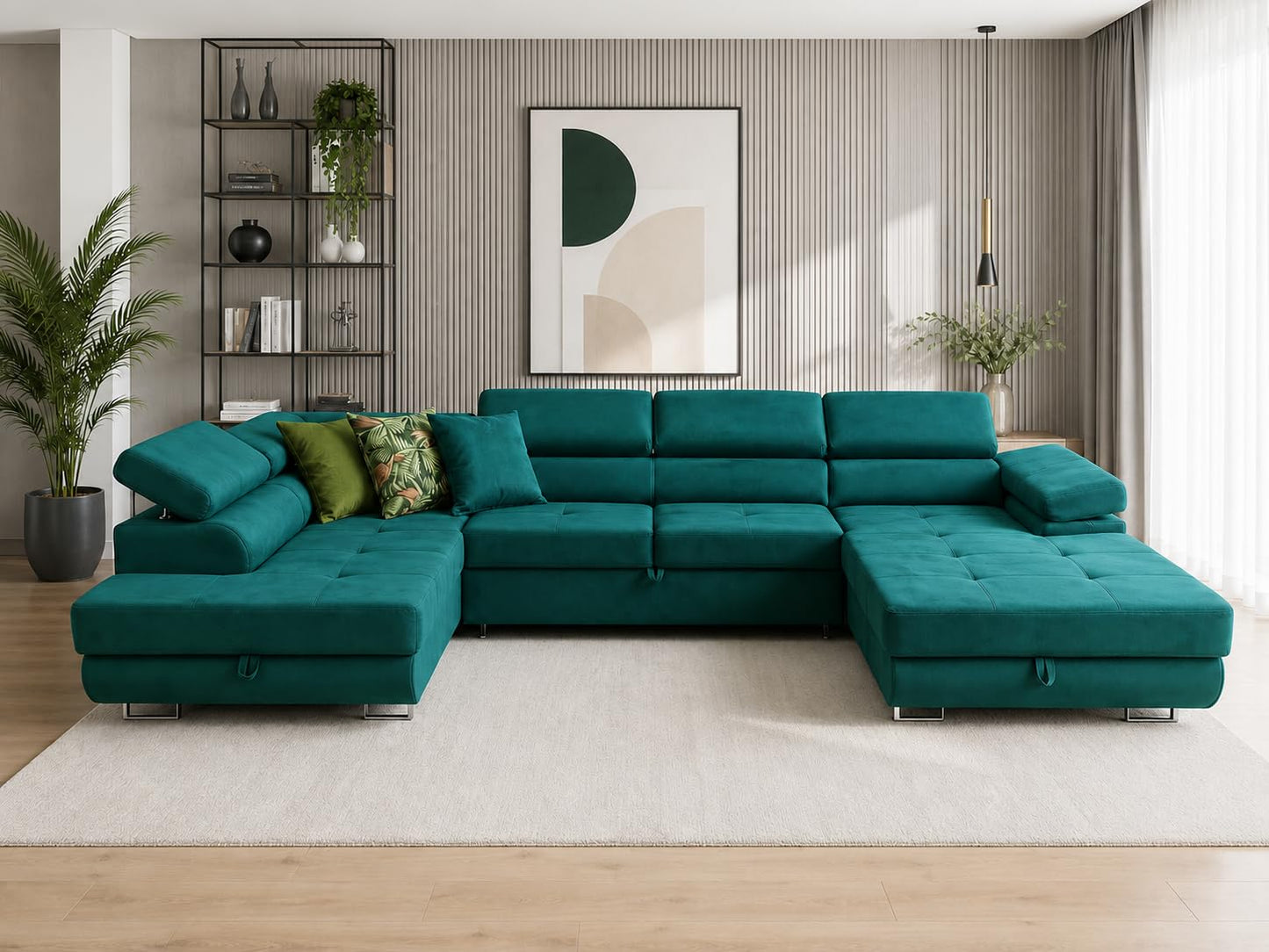 U-Form Sofa Rodos 345x202x90 cm, Schlaffunktion, Beige, Rechts | U-Form Sofa, Modern Couch mit mit Bettkasten, Weiches Ecksof fürs Wohnzimmer, Schlafsofa, Eleganter Monolith-Stoff