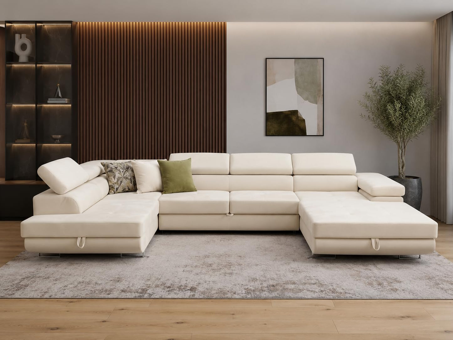 U-Form Sofa Rodos 345x202x90 cm, Schlaffunktion, Beige, Rechts | U-Form Sofa, Modern Couch mit mit Bettkasten, Weiches Ecksof fürs Wohnzimmer, Schlafsofa, Eleganter Monolith-Stoff