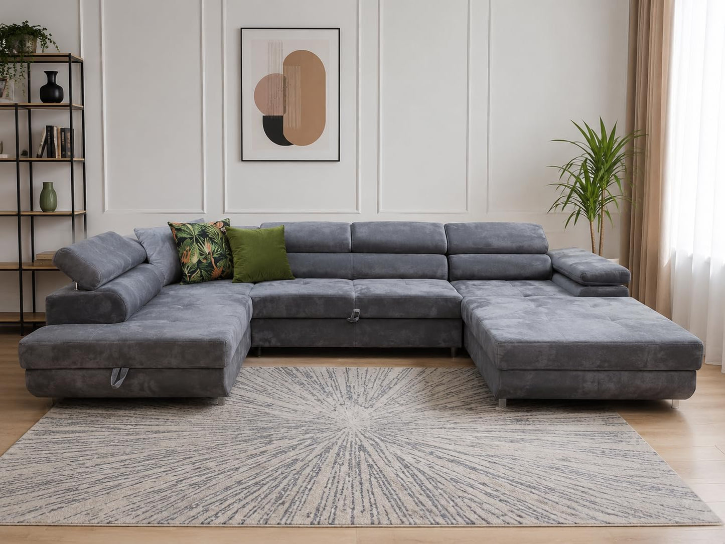 U-Form Sofa Rodos 345x202x90 cm, Schlaffunktion, Beige, Rechts | U-Form Sofa, Modern Couch mit mit Bettkasten, Weiches Ecksof fürs Wohnzimmer, Schlafsofa, Eleganter Monolith-Stoff