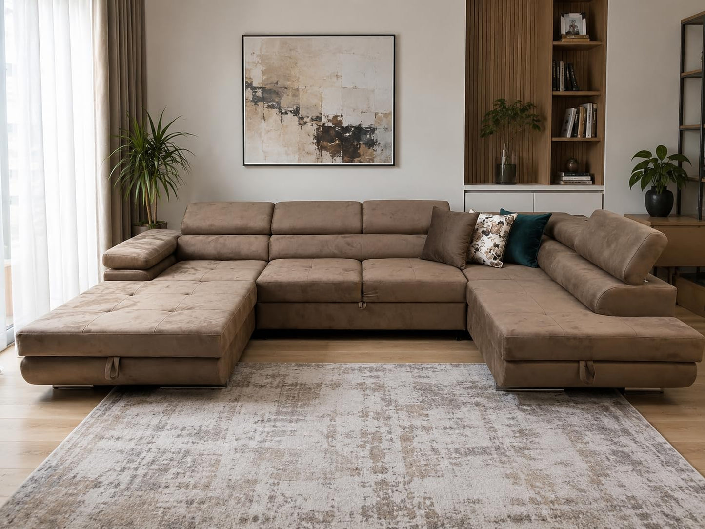 U-Form Sofa Rodos 345x202x90 cm, Schlaffunktion, Beige, Rechts | U-Form Sofa, Modern Couch mit mit Bettkasten, Weiches Ecksof fürs Wohnzimmer, Schlafsofa, Eleganter Monolith-Stoff