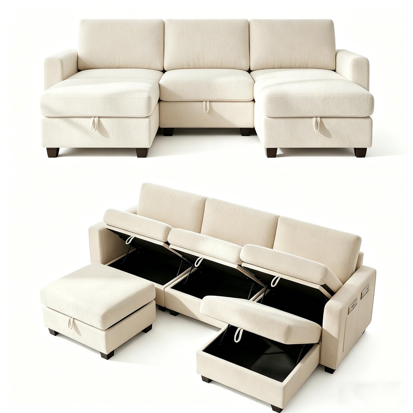 GRAVFORCE Ecksofa mit Stauraum unter jedem Sitz 251cm 3 Sitzer Modulares Sofa mit 1 Hocker Couch Wohnzimmer mit Ablagefächern U-Form Sofa für Wohnung Büro Chenille Beige