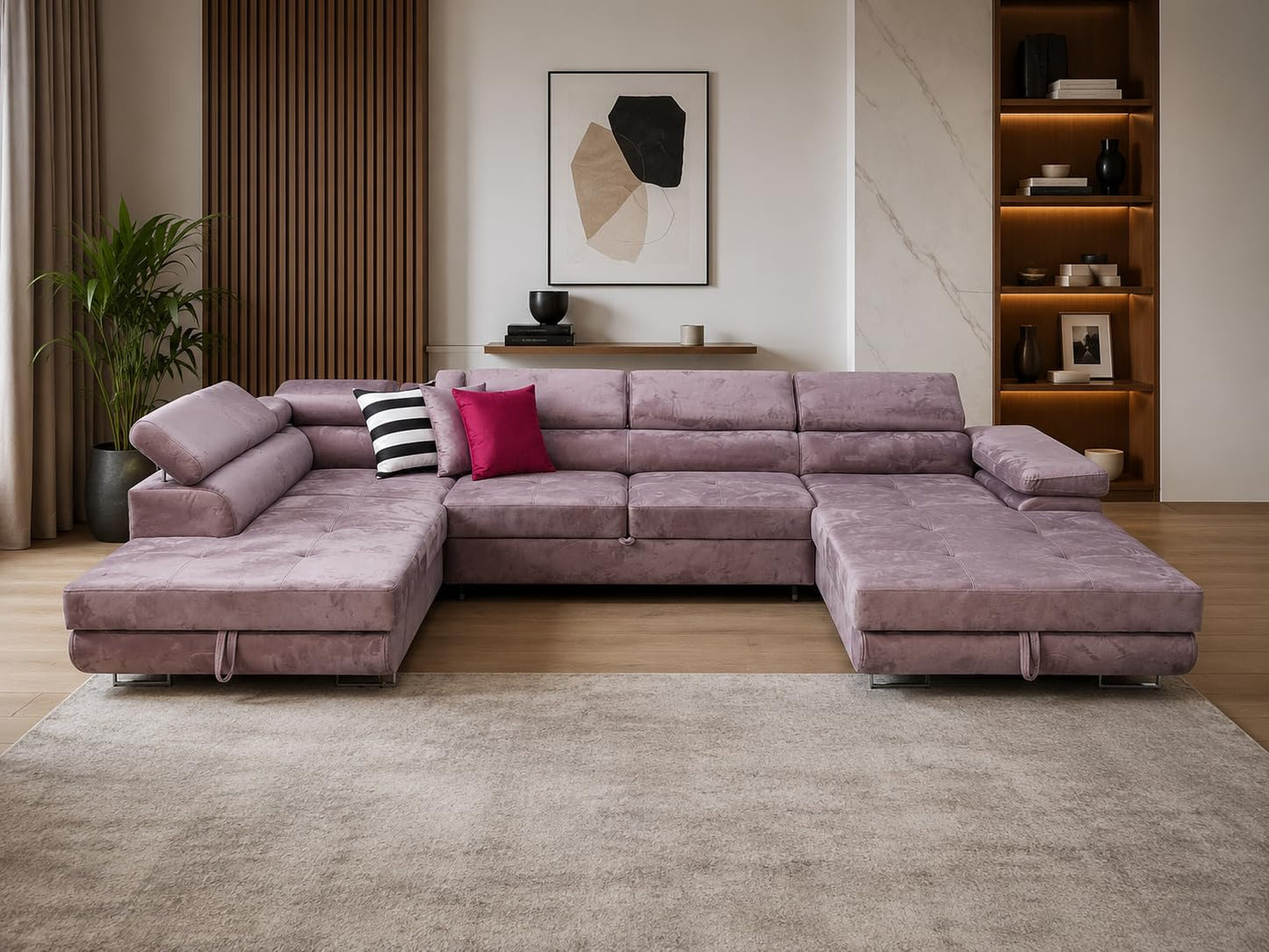 U-Form Sofa Rodos 345x202x90 cm, Schlaffunktion, Beige, Rechts | U-Form Sofa, Modern Couch mit mit Bettkasten, Weiches Ecksof fürs Wohnzimmer, Schlafsofa, Eleganter Monolith-Stoff
