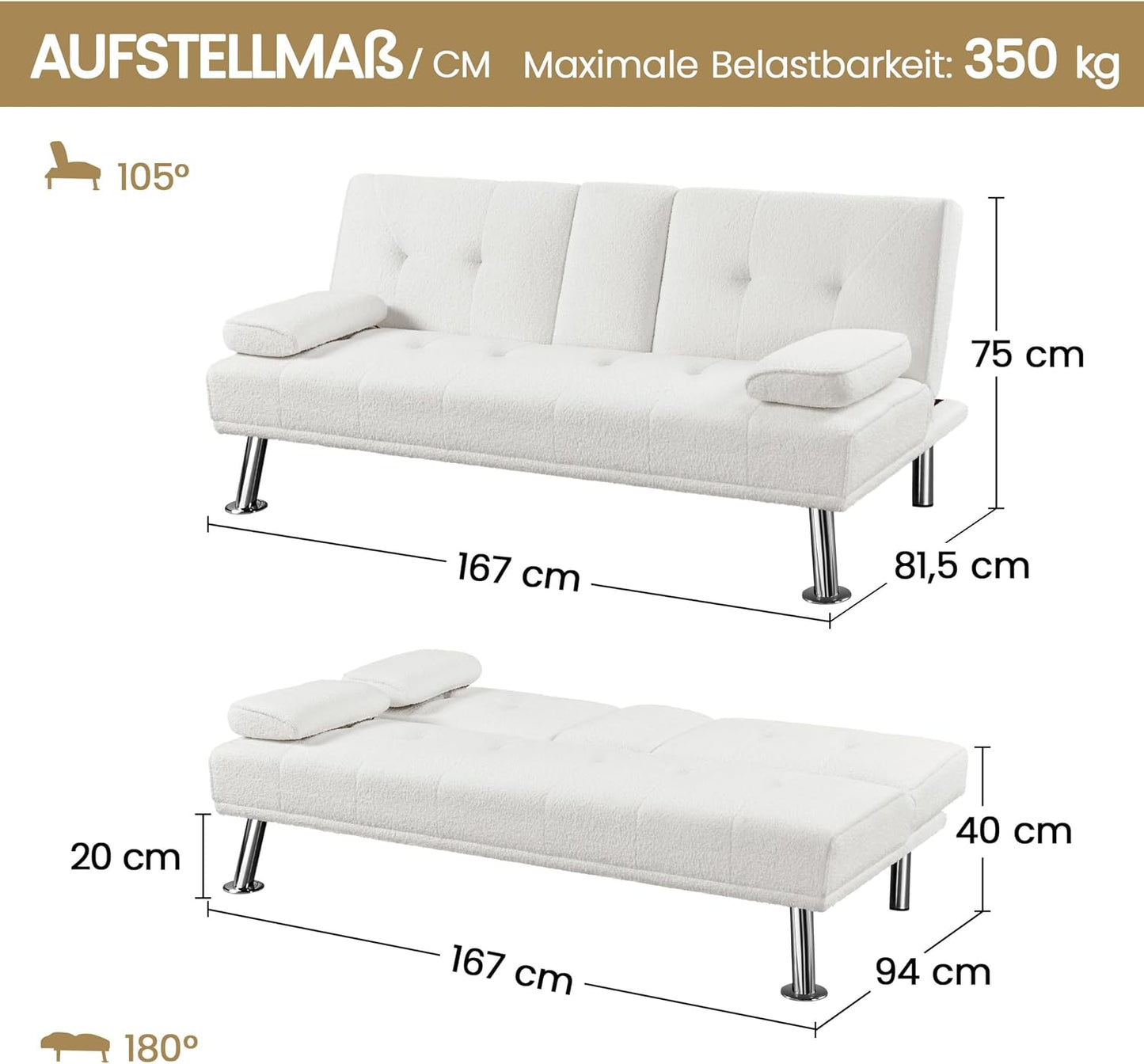 Yaheetech Schlafsofa für max. 3 Personen Gästebett Couch Sofa mit Schlaffunktion Tagesbett Bettsofa Schlafcouch Sofabett Polstersofa bis 350 kg belastbar Elfenbeinen
