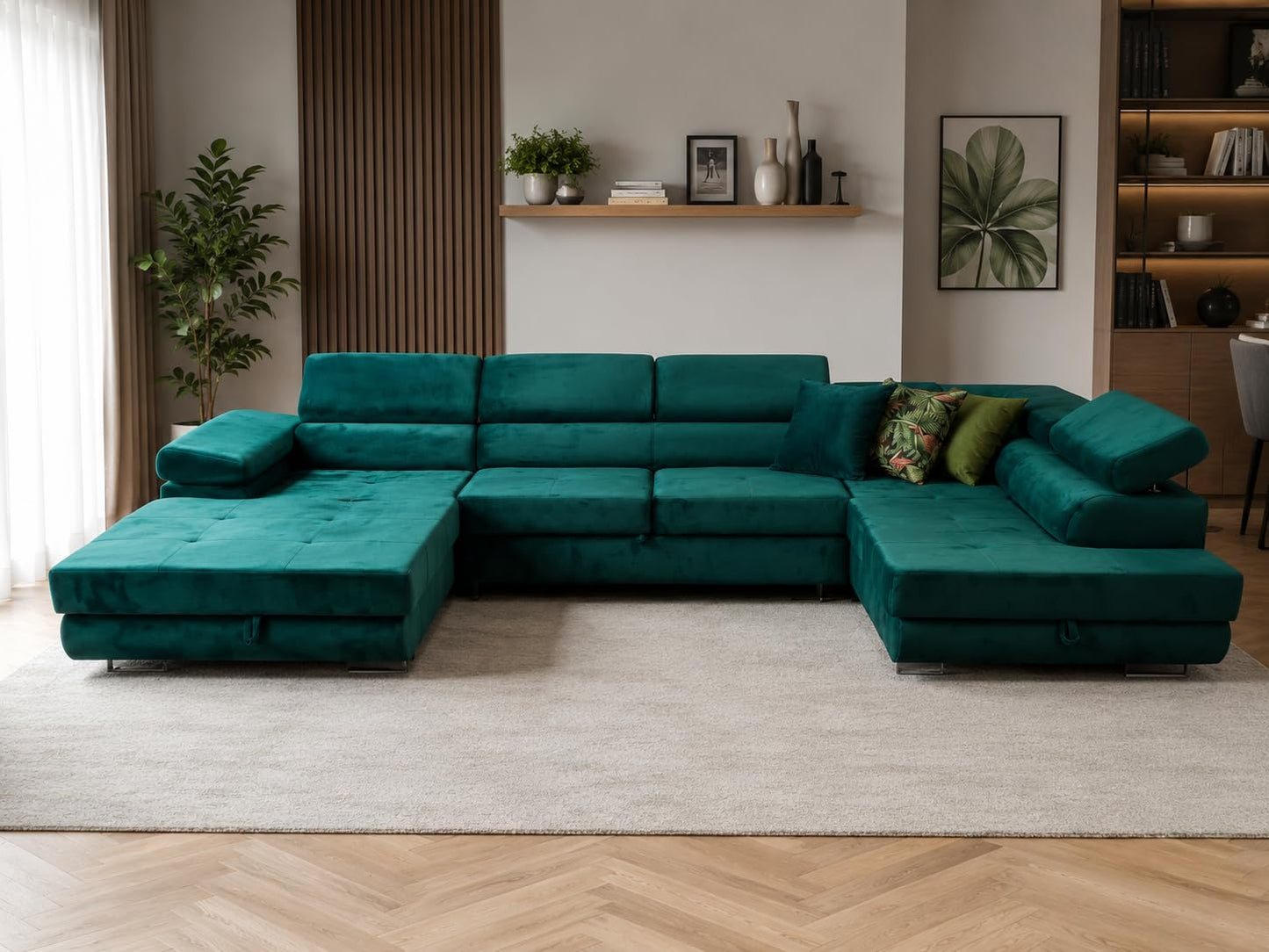 U-Form Sofa Rodos 345x202x90 cm, Schlaffunktion, Beige, Rechts | U-Form Sofa, Modern Couch mit mit Bettkasten, Weiches Ecksof fürs Wohnzimmer, Schlafsofa, Eleganter Monolith-Stoff
