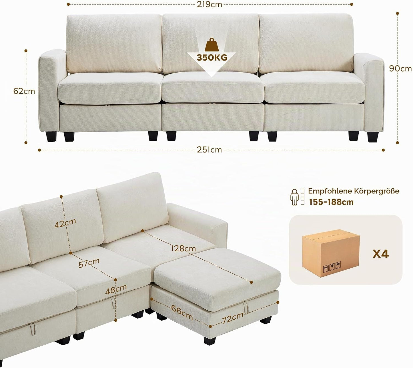 GRAVFORCE Ecksofa mit Stauraum unter jedem Sitz 251cm 3 Sitzer Modulares Sofa mit 1 Hocker Couch Wohnzimmer mit Ablagefächern U-Form Sofa für Wohnung Büro Chenille Beige