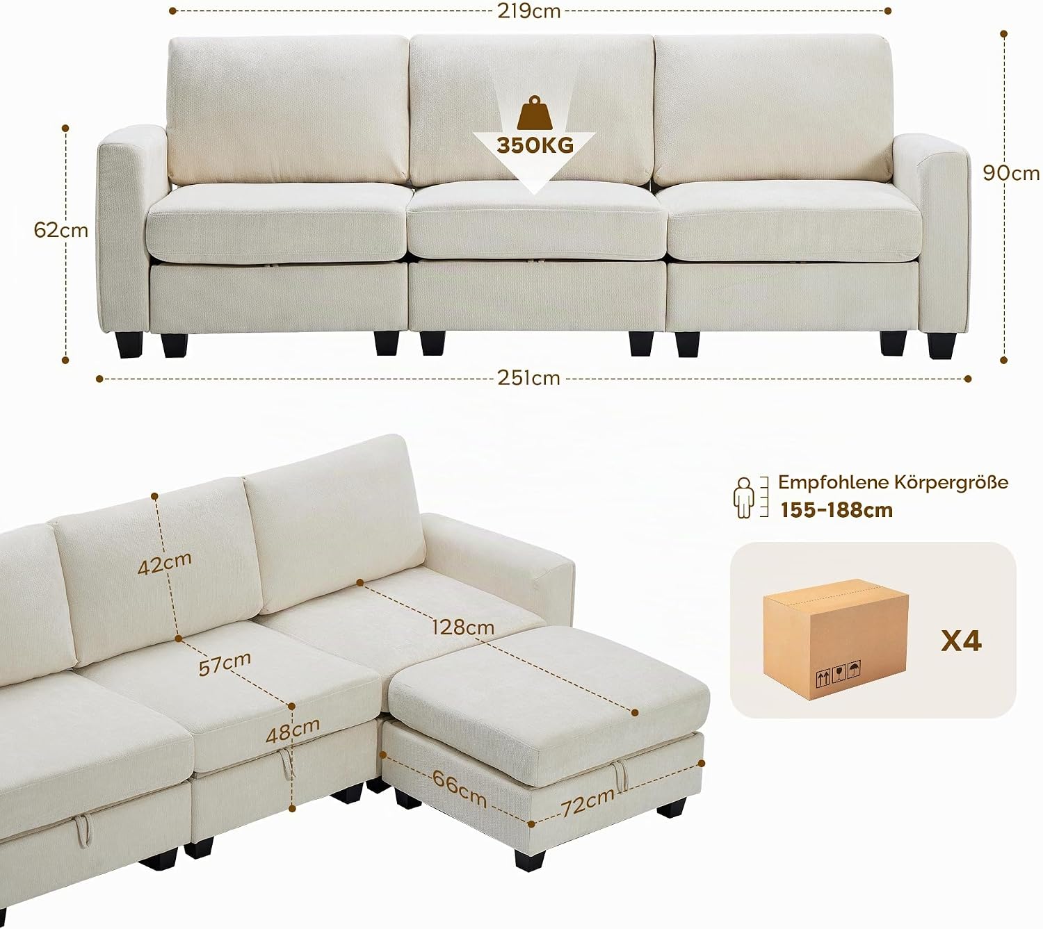 GRAVFORCE Ecksofa mit Stauraum unter jedem Sitz 251cm 3 Sitzer Modulares Sofa mit 1 Hocker Couch Wohnzimmer mit Ablagefächern U-Form Sofa für Wohnung Büro Chenille Beige