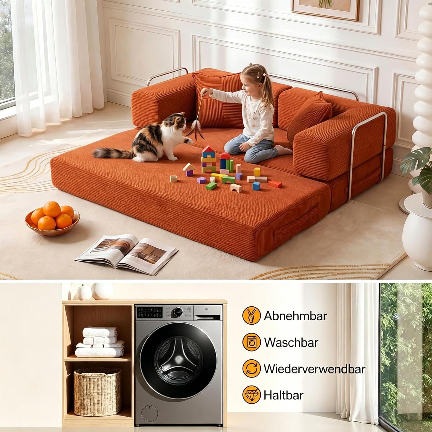 Vipbear rahmenloses Sofa, 160 cm, mit Schaumstoff und Federn, für Schlafzimmer, Orange | Cord, 5-in-1 vielseitig, faltbar