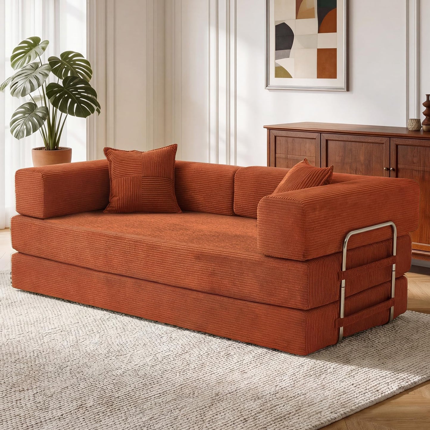 Vipbear rahmenloses Sofa, 160 cm, mit Schaumstoff und Federn, für Schlafzimmer, Orange | Cord, 5-in-1 vielseitig, faltbar