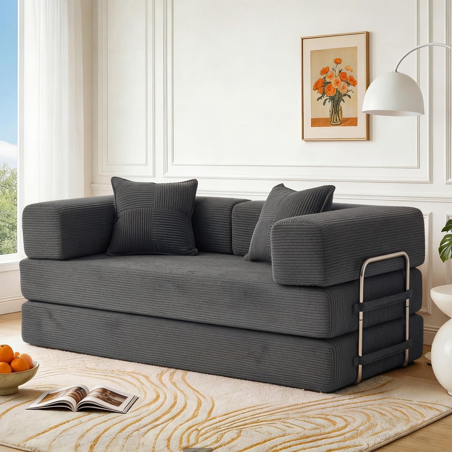 Vipbear rahmenloses Sofa, 160 cm, mit Schaumstoff und Federn, für Schlafzimmer, Orange | Cord, 5-in-1 vielseitig, faltbar