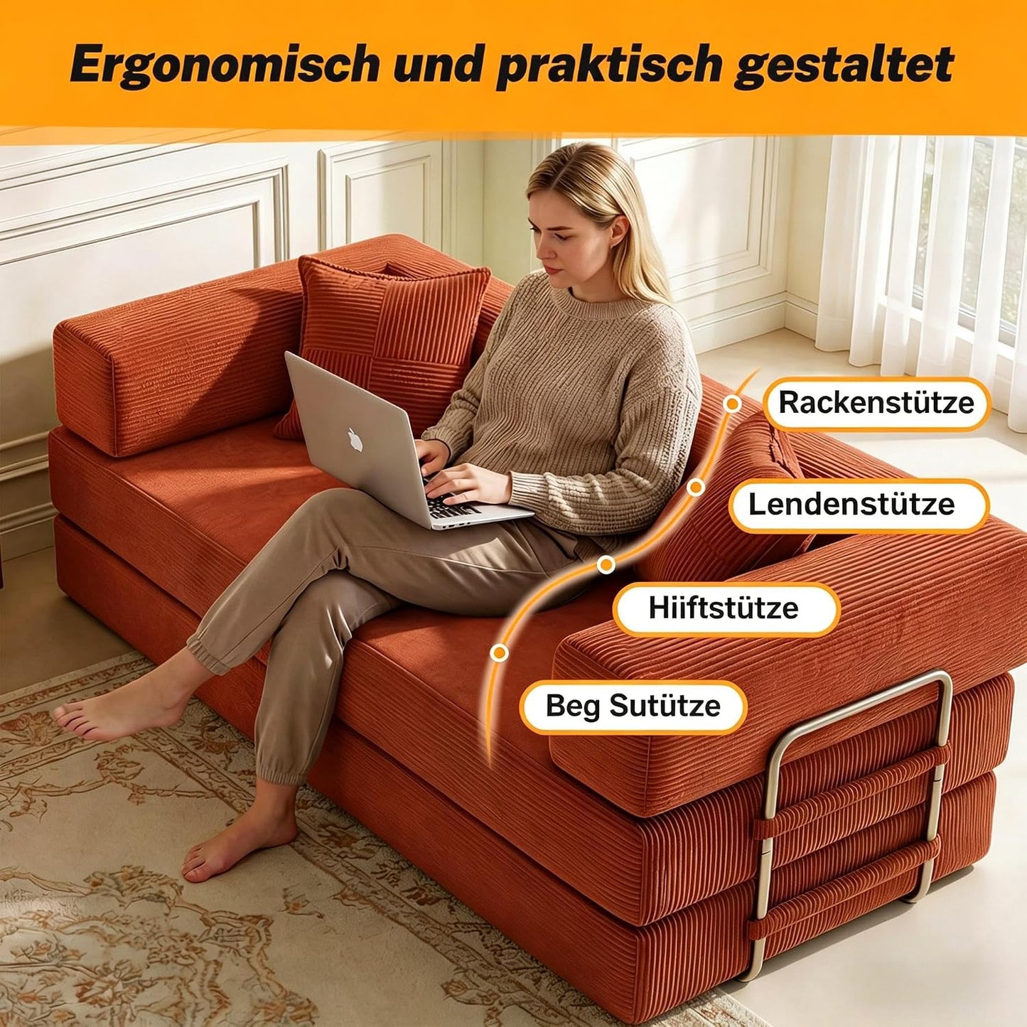 Vipbear rahmenloses Sofa, 160 cm, mit Schaumstoff und Federn, für Schlafzimmer, Orange | Cord, 5-in-1 vielseitig, faltbar
