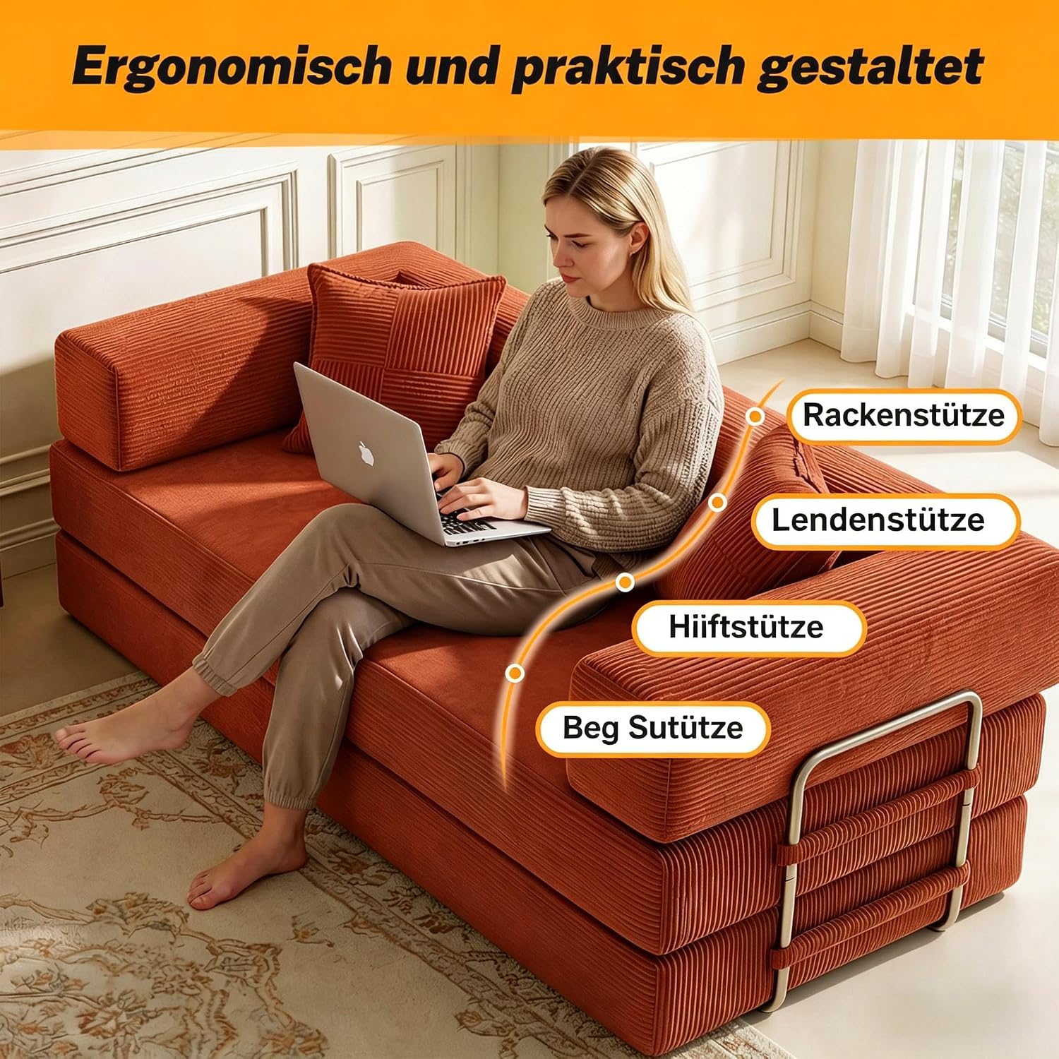 Vipbear rahmenloses Sofa, 160 cm, mit Schaumstoff und Federn, für Schlafzimmer, Orange | Cord, 5-in-1 vielseitig, faltbar