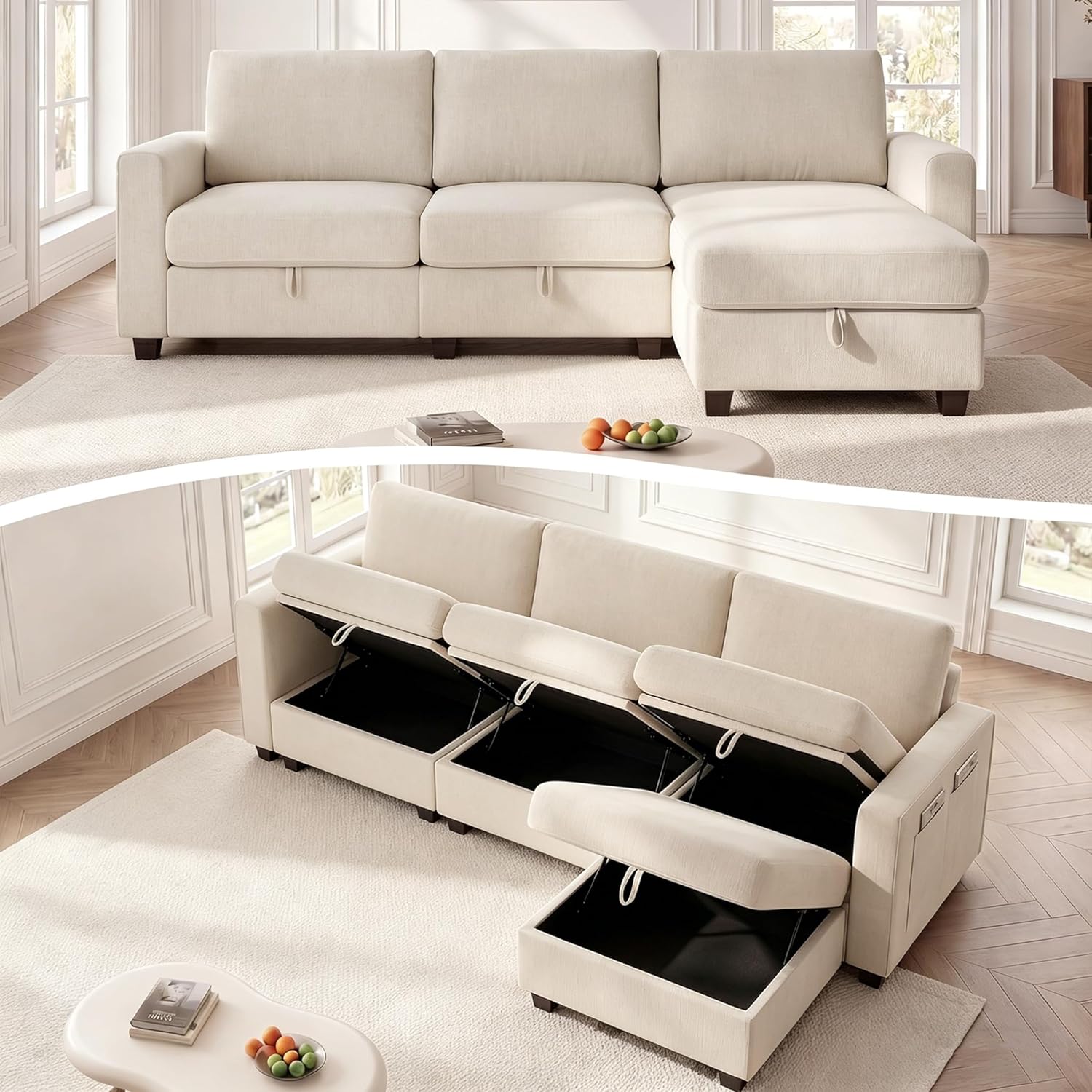 GRAVFORCE Ecksofa mit Stauraum unter jedem Sitz 251cm 3 Sitzer Modulares Sofa mit 1 Hocker Couch Wohnzimmer mit Ablagefächern U-Form Sofa für Wohnung Büro Chenille Beige