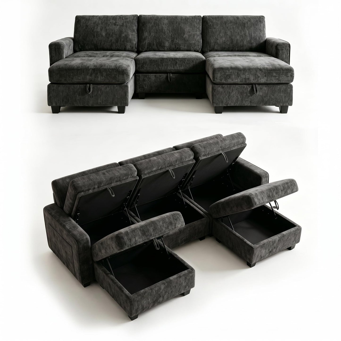 GRAVFORCE Ecksofa mit Stauraum unter jedem Sitz 251cm 3 Sitzer Modulares Sofa mit 1 Hocker Couch Wohnzimmer mit Ablagefächern U-Form Sofa für Wohnung Büro Chenille Beige