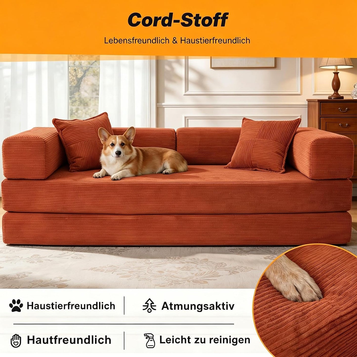 Vipbear rahmenloses Sofa, 160 cm, mit Schaumstoff und Federn, für Schlafzimmer, Orange | Cord, 5-in-1 vielseitig, faltbar