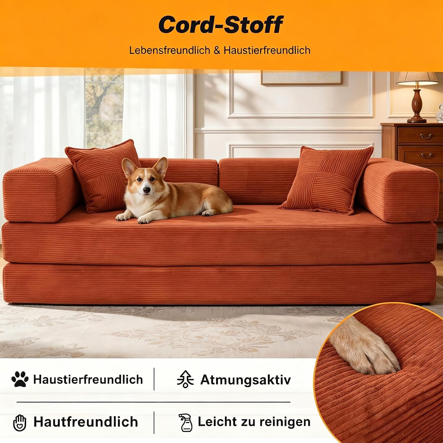 Vipbear rahmenloses Sofa, 160 cm, mit Schaumstoff und Federn, für Schlafzimmer, Orange | Cord, 5-in-1 vielseitig, faltbar