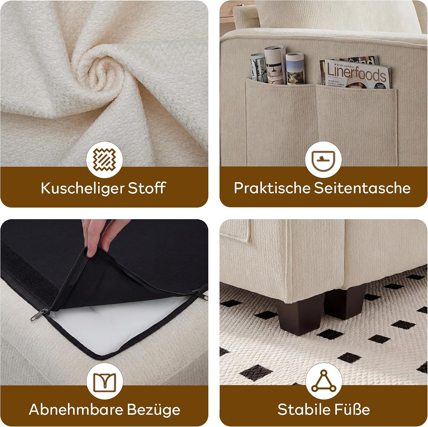 GRAVFORCE Ecksofa mit Stauraum unter jedem Sitz 251cm 3 Sitzer Modulares Sofa mit 1 Hocker Couch Wohnzimmer mit Ablagefächern U-Form Sofa für Wohnung Büro Chenille Beige