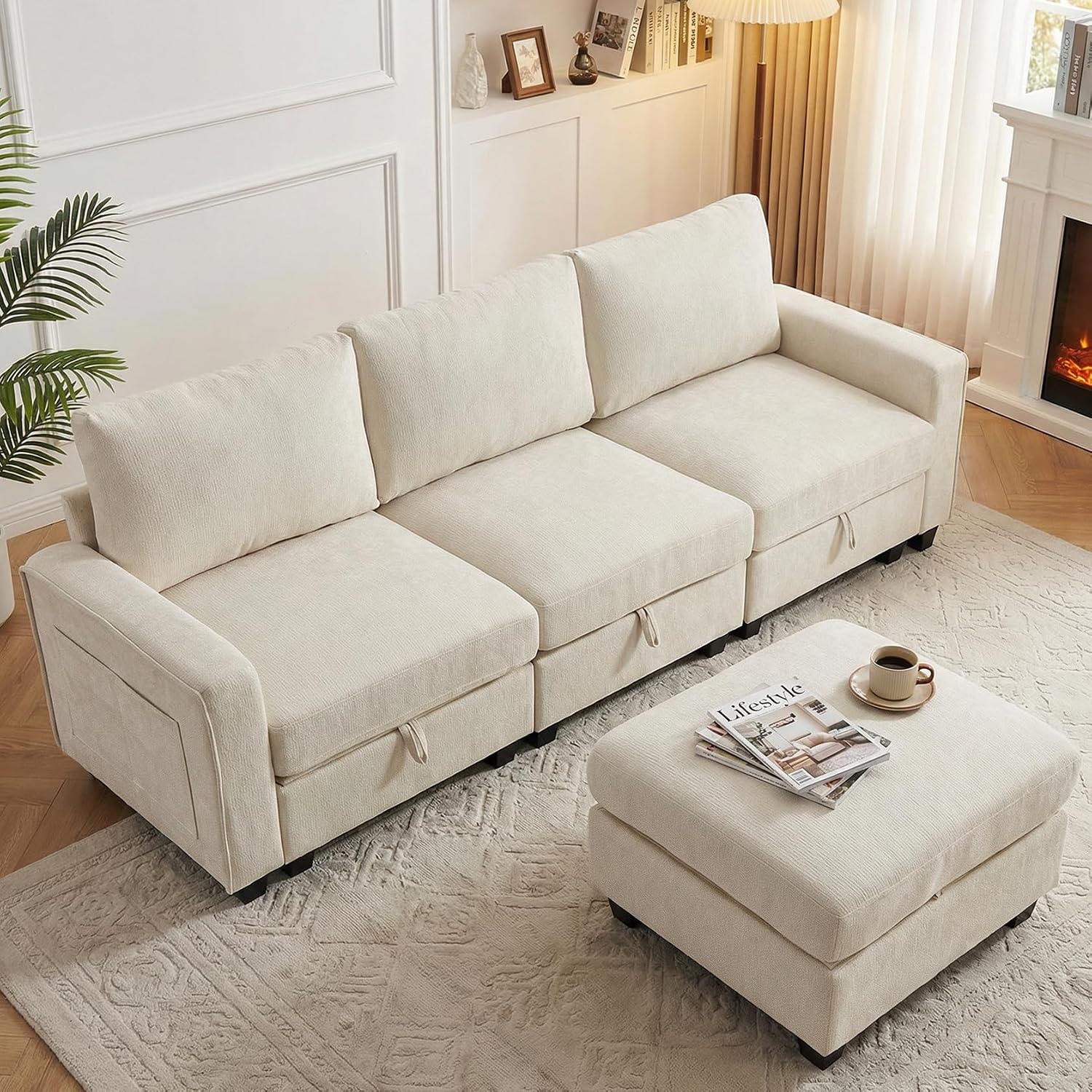 GRAVFORCE Ecksofa mit Stauraum unter jedem Sitz 251cm 3 Sitzer Modulares Sofa mit 1 Hocker Couch Wohnzimmer mit Ablagefächern U-Form Sofa für Wohnung Büro Chenille Beige