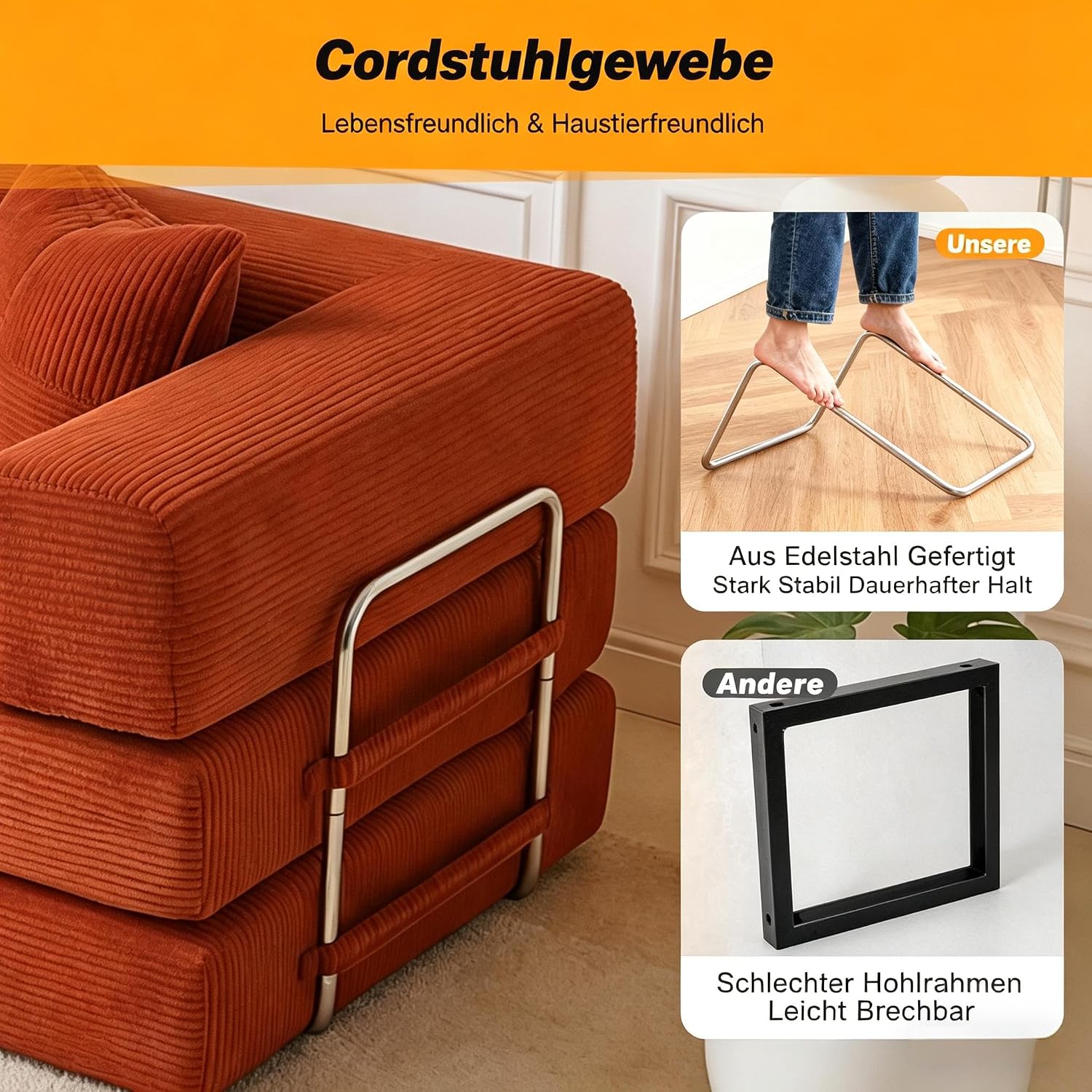 Vipbear rahmenloses Sofa, 160 cm, mit Schaumstoff und Federn, für Schlafzimmer, Orange | Cord, 5-in-1 vielseitig, faltbar