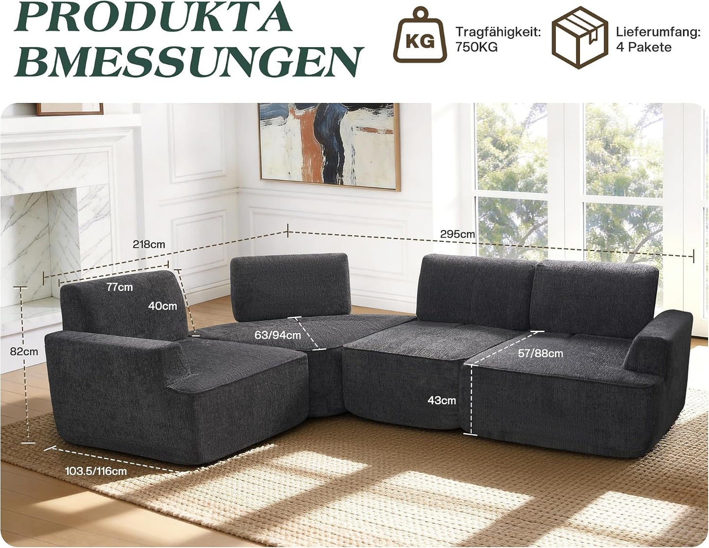 LUXOAK 295 cm 4-Sitzer Wohnlandschaft, Chenille Sofa, Cloud-Design, Grau | Verstellbare Sitztiefe 57/88 cm, Modulares Design, Platzsparende Lieferung, Memory-Schaum Komfort, Einfache Montage