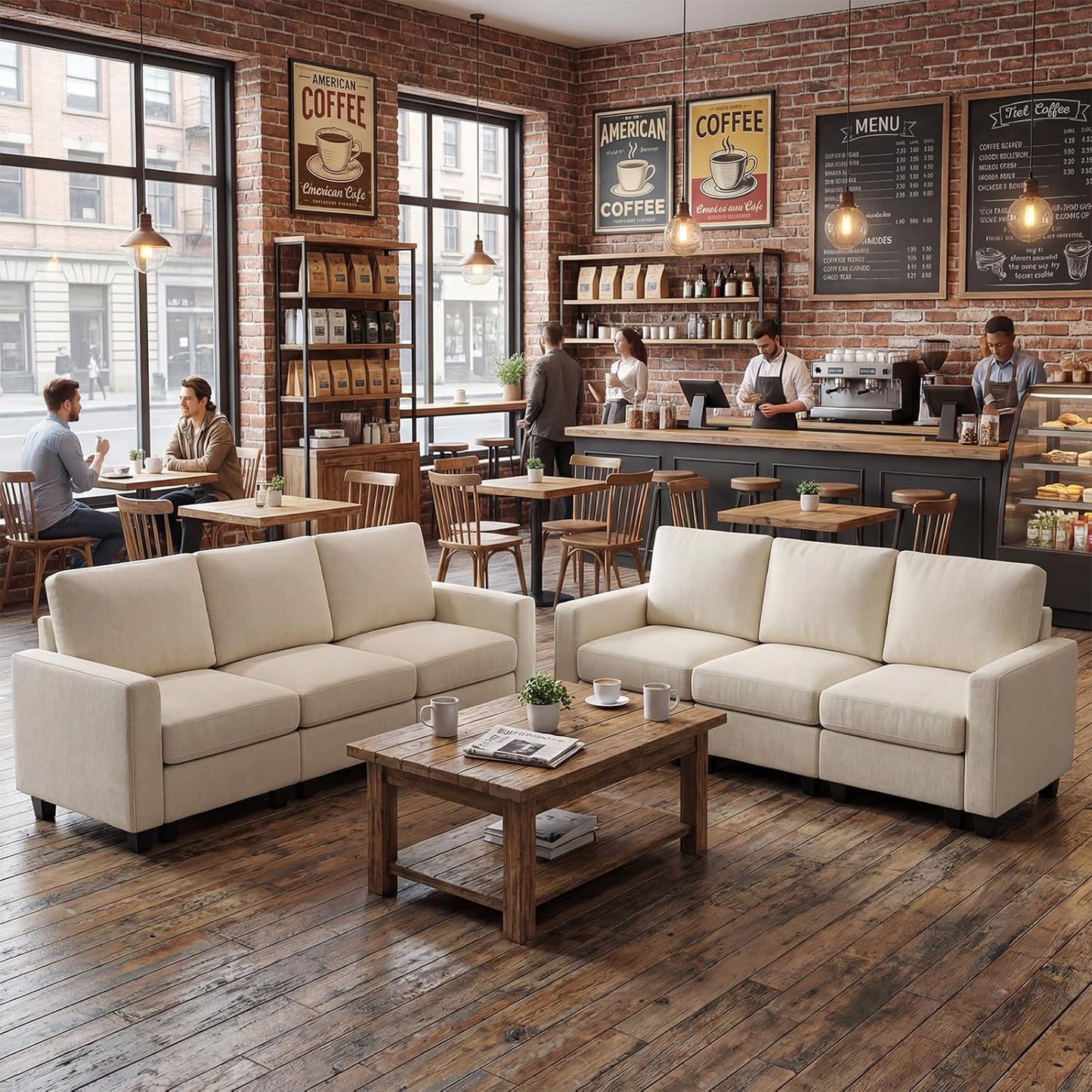 GRAVFORCE Ecksofa mit Stauraum unter jedem Sitz 251cm 3 Sitzer Modulares Sofa mit 1 Hocker Couch Wohnzimmer mit Ablagefächern U-Form Sofa für Wohnung Büro Chenille Beige