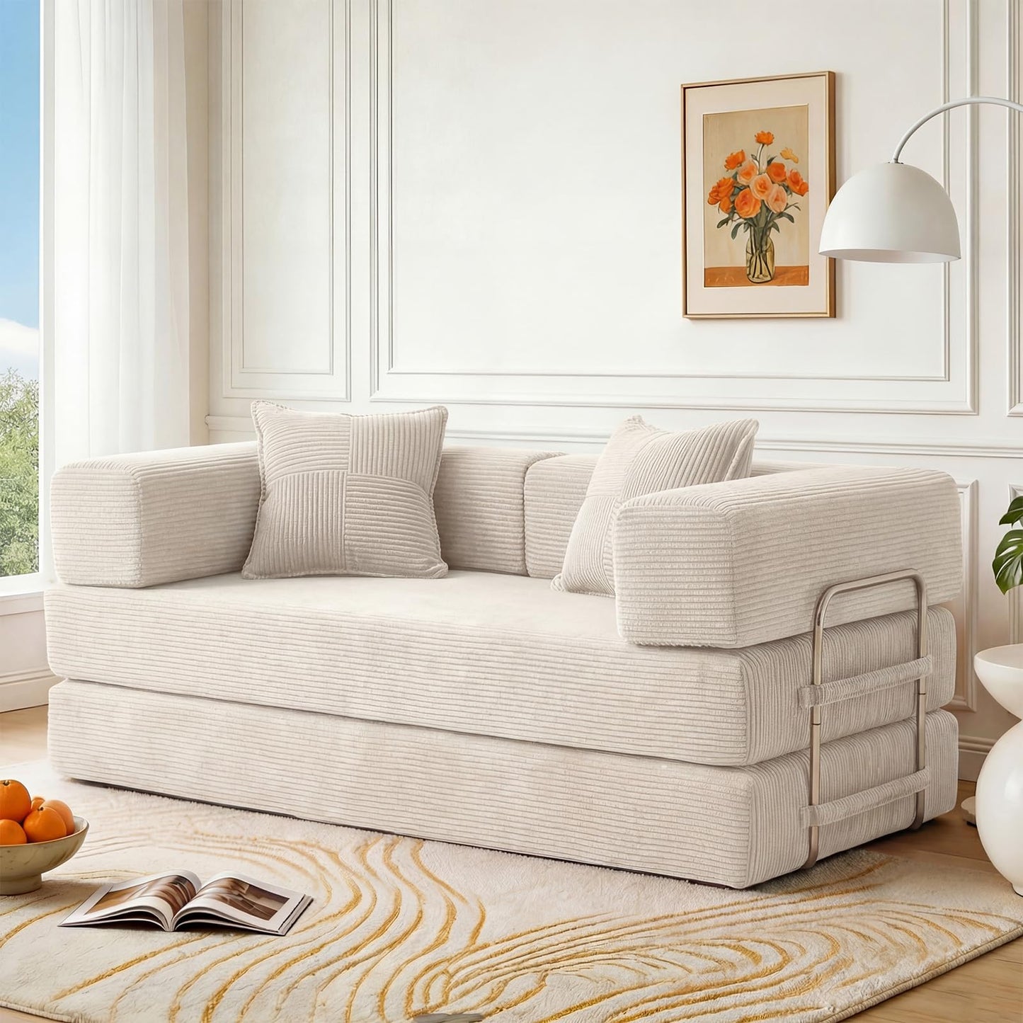 Vipbear rahmenloses Sofa, 160 cm, mit Schaumstoff und Federn, für Schlafzimmer, Orange | Cord, 5-in-1 vielseitig, faltbar