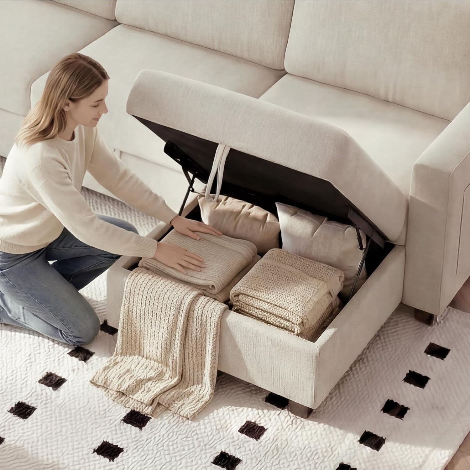 GRAVFORCE Ecksofa mit Stauraum unter jedem Sitz 251cm 3 Sitzer Modulares Sofa mit 1 Hocker Couch Wohnzimmer mit Ablagefächern U-Form Sofa für Wohnung Büro Chenille Beige