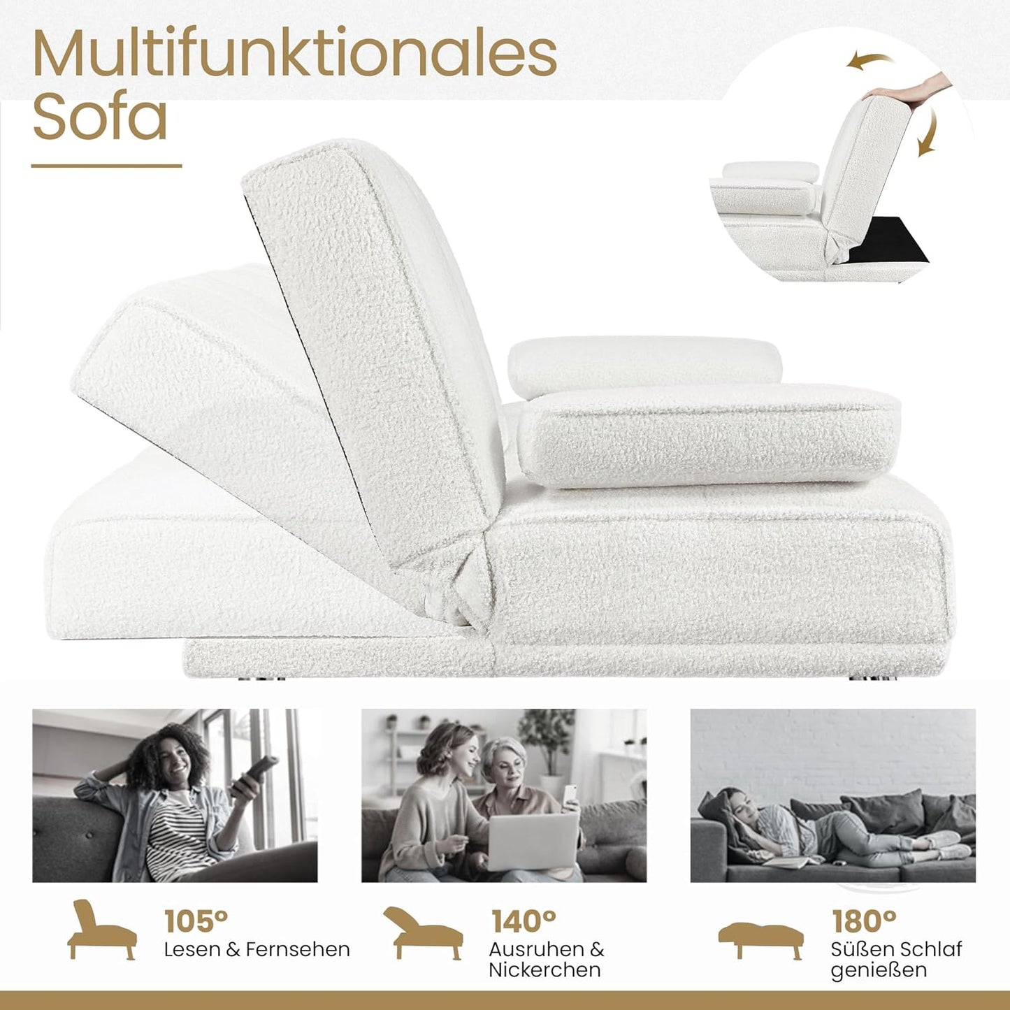 Yaheetech Schlafsofa für max. 3 Personen Gästebett Couch Sofa mit Schlaffunktion Tagesbett Bettsofa Schlafcouch Sofabett Polstersofa bis 350 kg belastbar Elfenbeinen