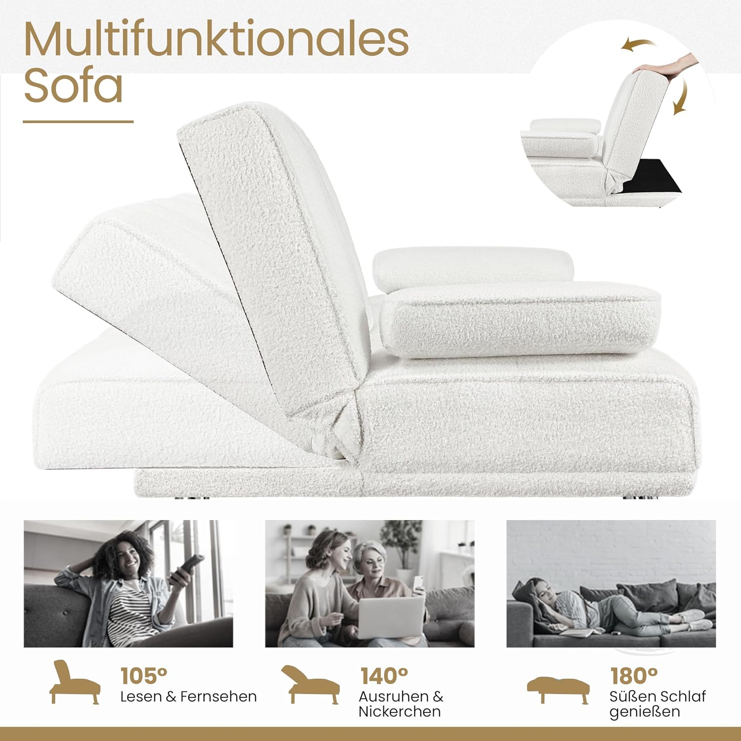 Yaheetech Schlafsofa für max. 3 Personen Gästebett Couch Sofa mit Schlaffunktion Tagesbett Bettsofa Schlafcouch Sofabett Polstersofa bis 350 kg belastbar Elfenbeinen