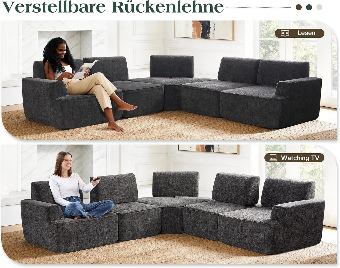LUXOAK 295 cm 4-Sitzer Wohnlandschaft, Chenille Sofa, Cloud-Design, Grau | Verstellbare Sitztiefe 57/88 cm, Modulares Design, Platzsparende Lieferung, Memory-Schaum Komfort, Einfache Montage