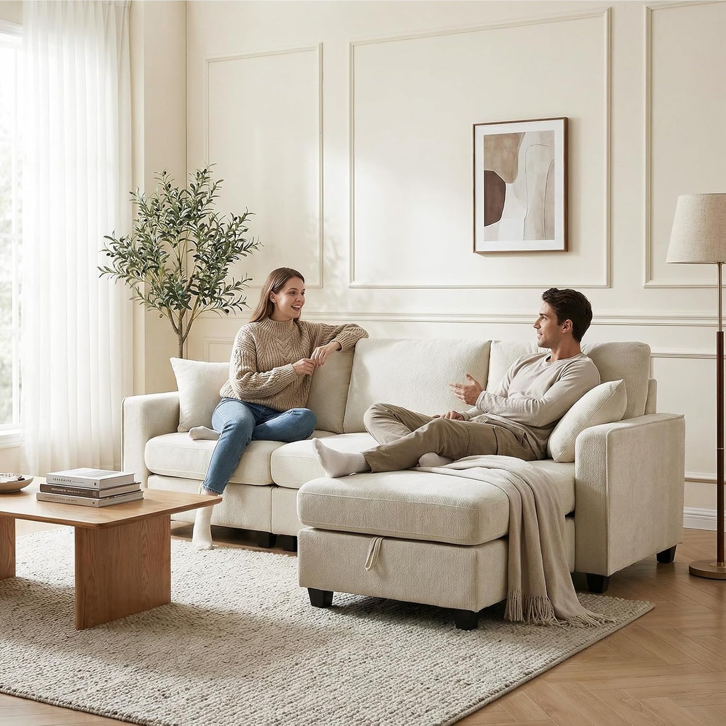 GRAVFORCE Ecksofa mit Stauraum unter jedem Sitz 251cm 3 Sitzer Modulares Sofa mit 1 Hocker Couch Wohnzimmer mit Ablagefächern U-Form Sofa für Wohnung Büro Chenille Beige